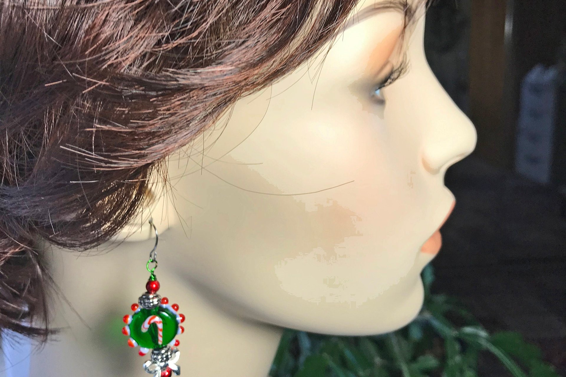 Handmade Glass Candy Cane Lightweight  Dangle Earrings, Red and Green Holiday Present