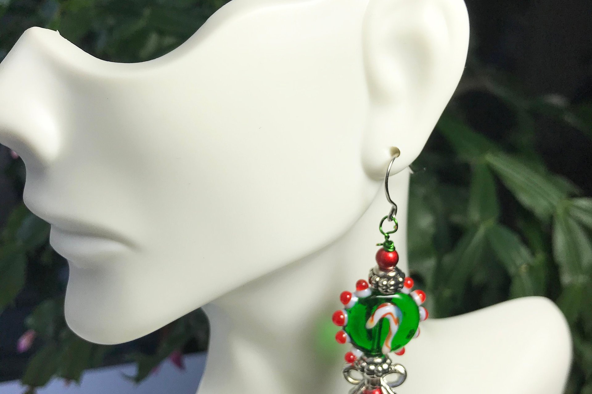 Handmade Glass Candy Cane Lightweight  Dangle Earrings, Red and Green Holiday Present