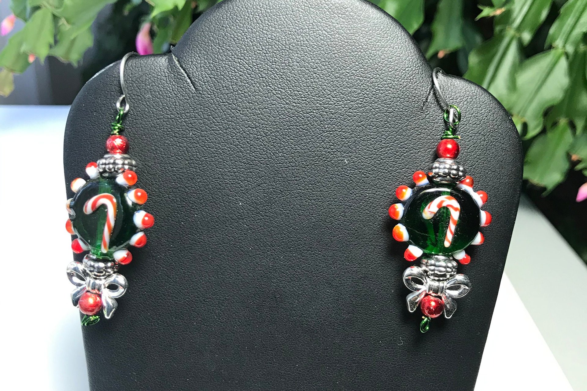 Handmade Glass Candy Cane Lightweight  Dangle Earrings, Red and Green Holiday Present