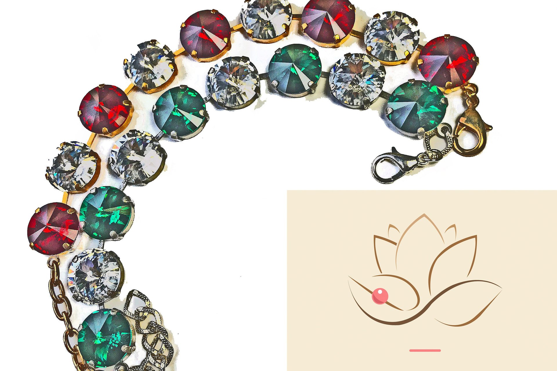 Vintage Swarovski Crystal Bracelet, Ruby Red, Emerald Green, Clear Crystals, Gold or Silver Tone