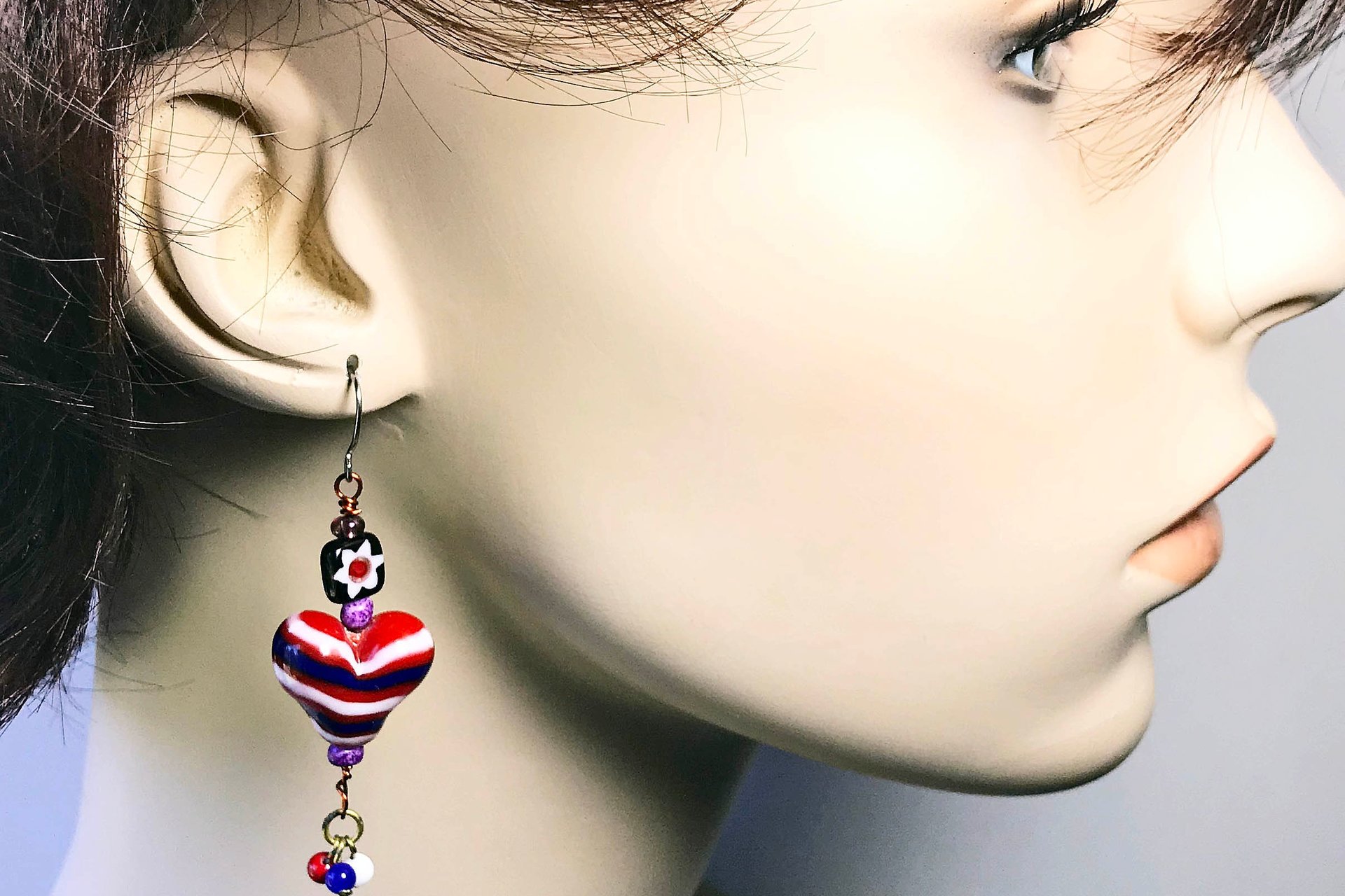 Red White Blue Lampwork Heart Earrings choice, Patriotic USA Jewelry
