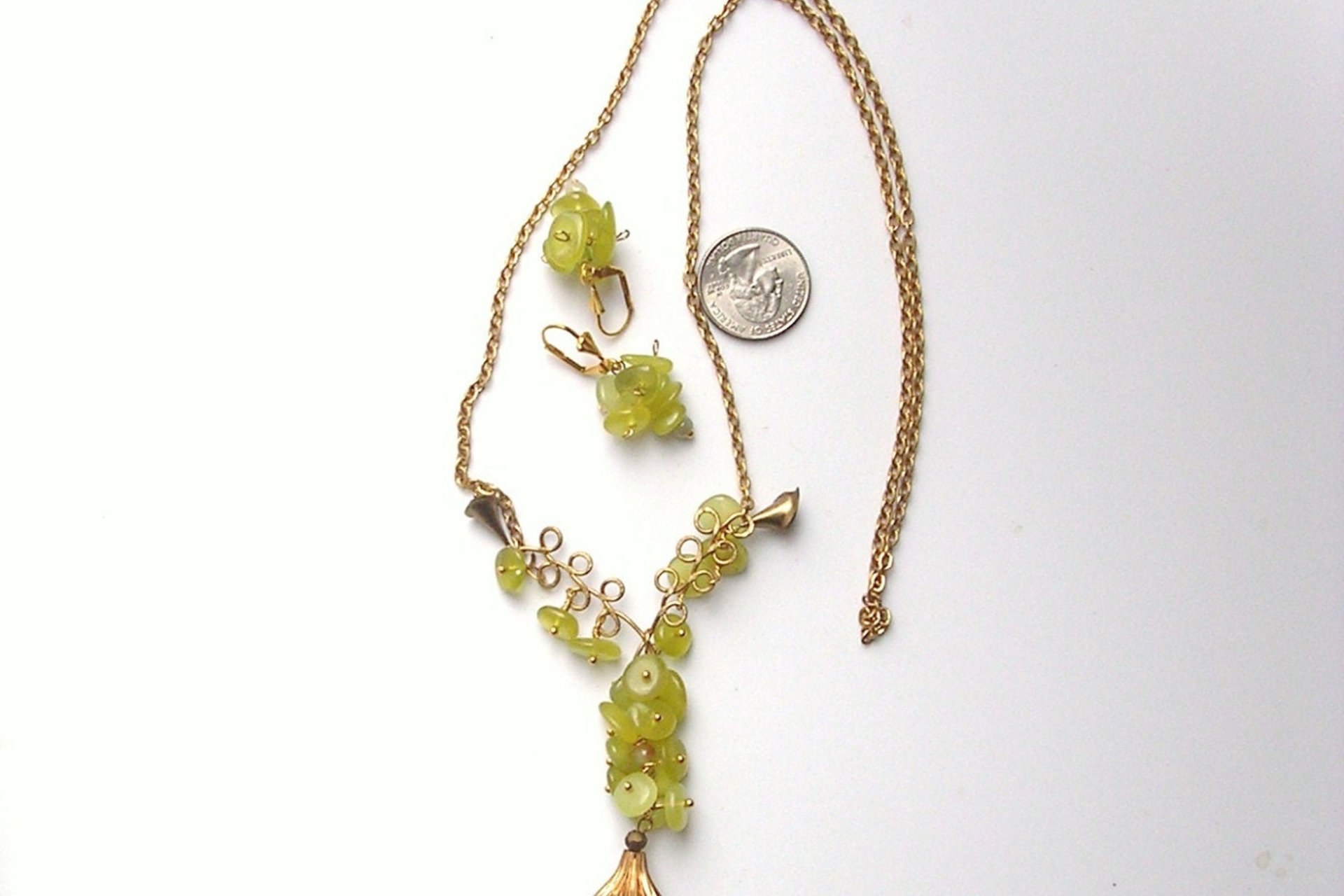 Green Jade Bead Necklace and Earrings Set, Brass Wire Wrapped Jewelry
