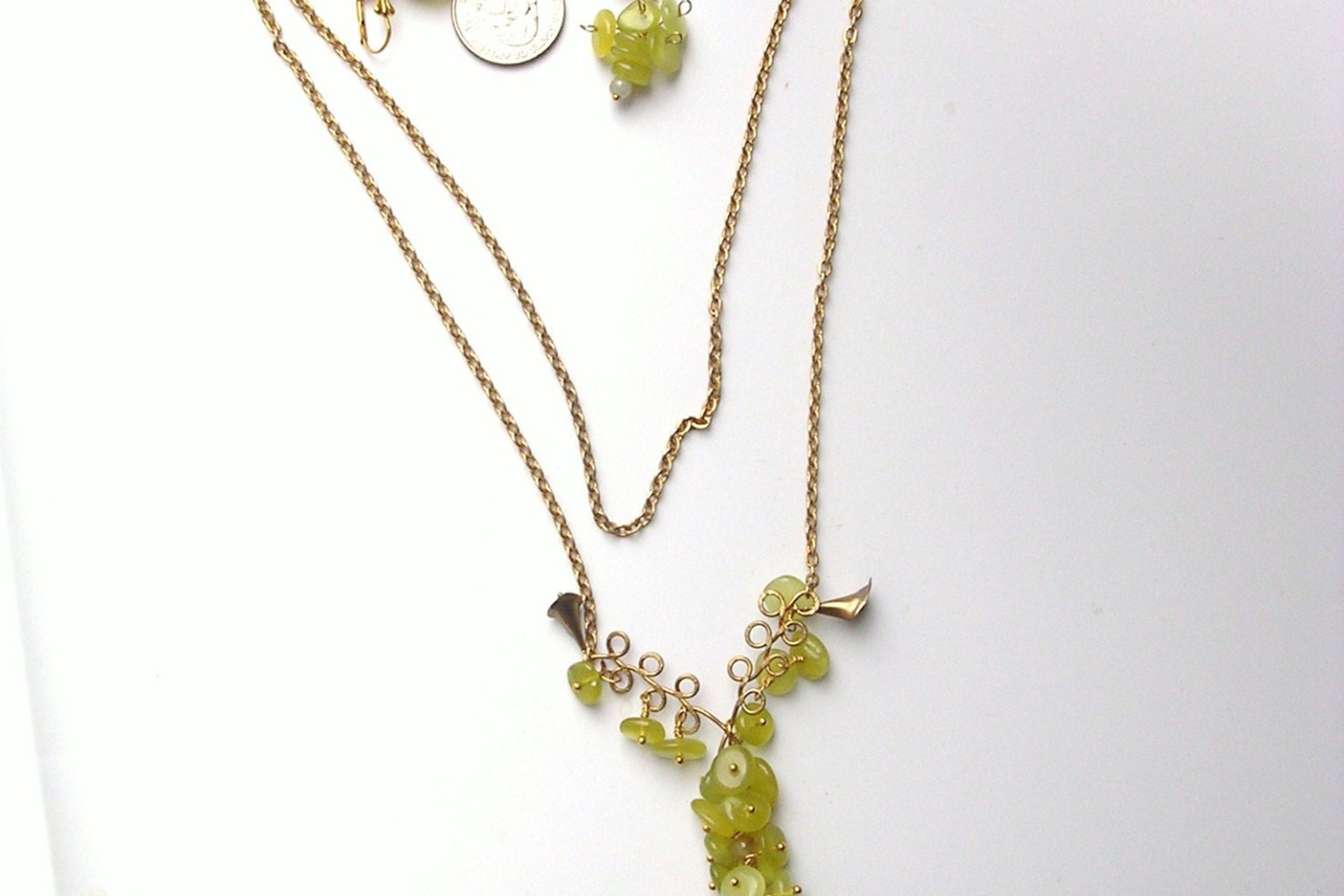 Green Jade Bead Necklace and Earrings Set, Brass Wire Wrapped Jewelry