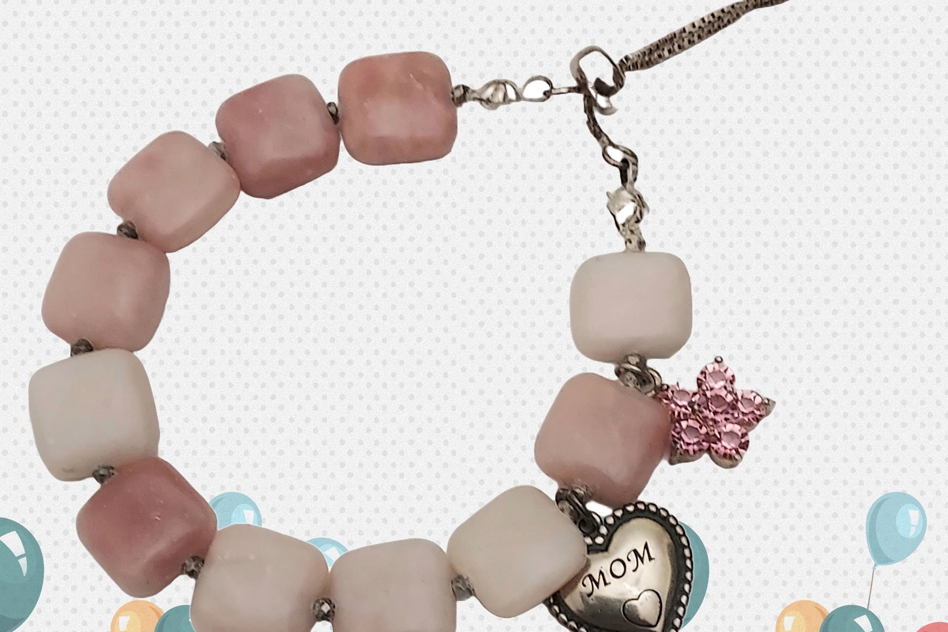 Pink Opal Bead Bracelet, Sterling MOM Charm, Adjustable