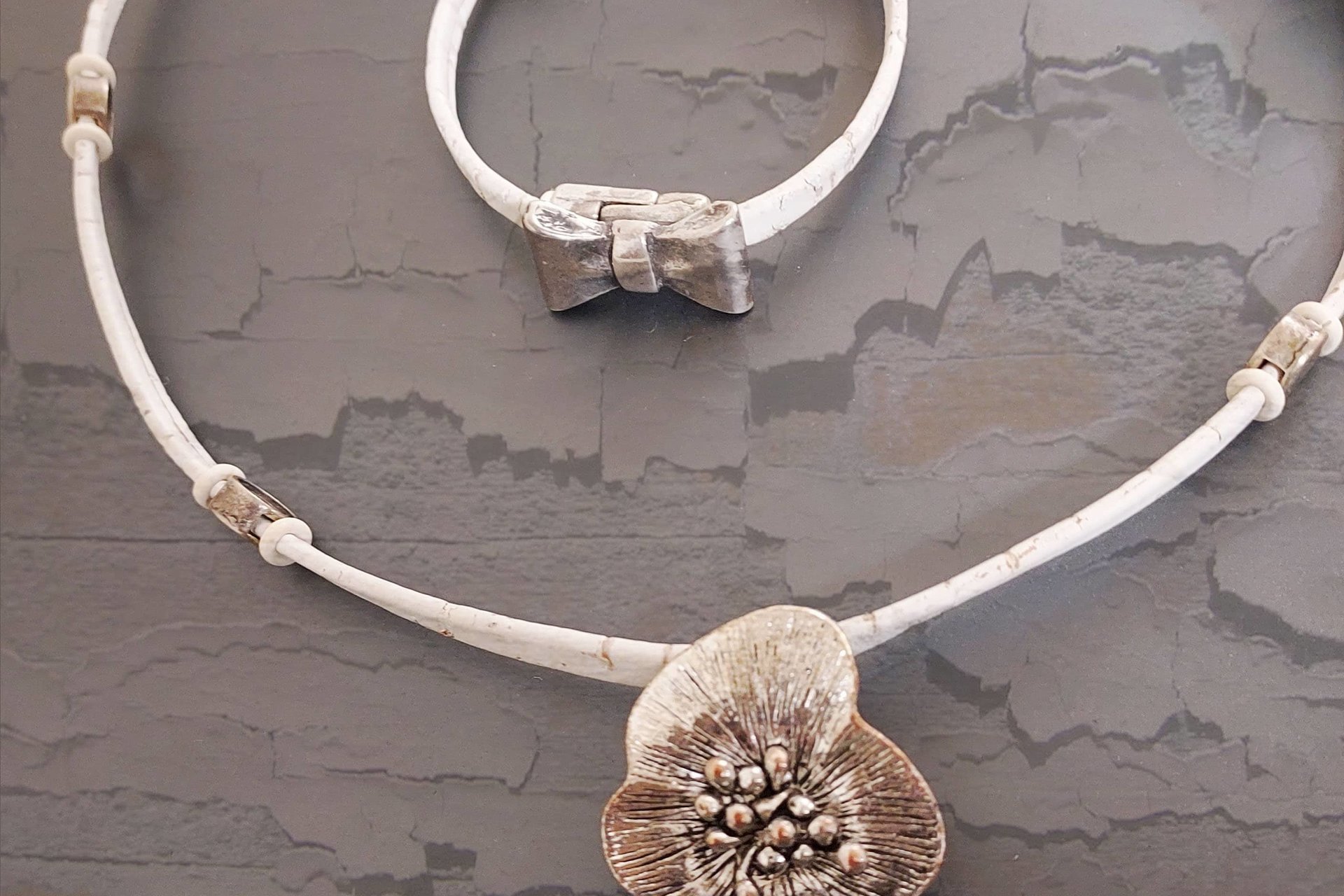 Portuguese White Cork Necklace Set, Pewter Flower Pendant, Eco Friendly Jewelry