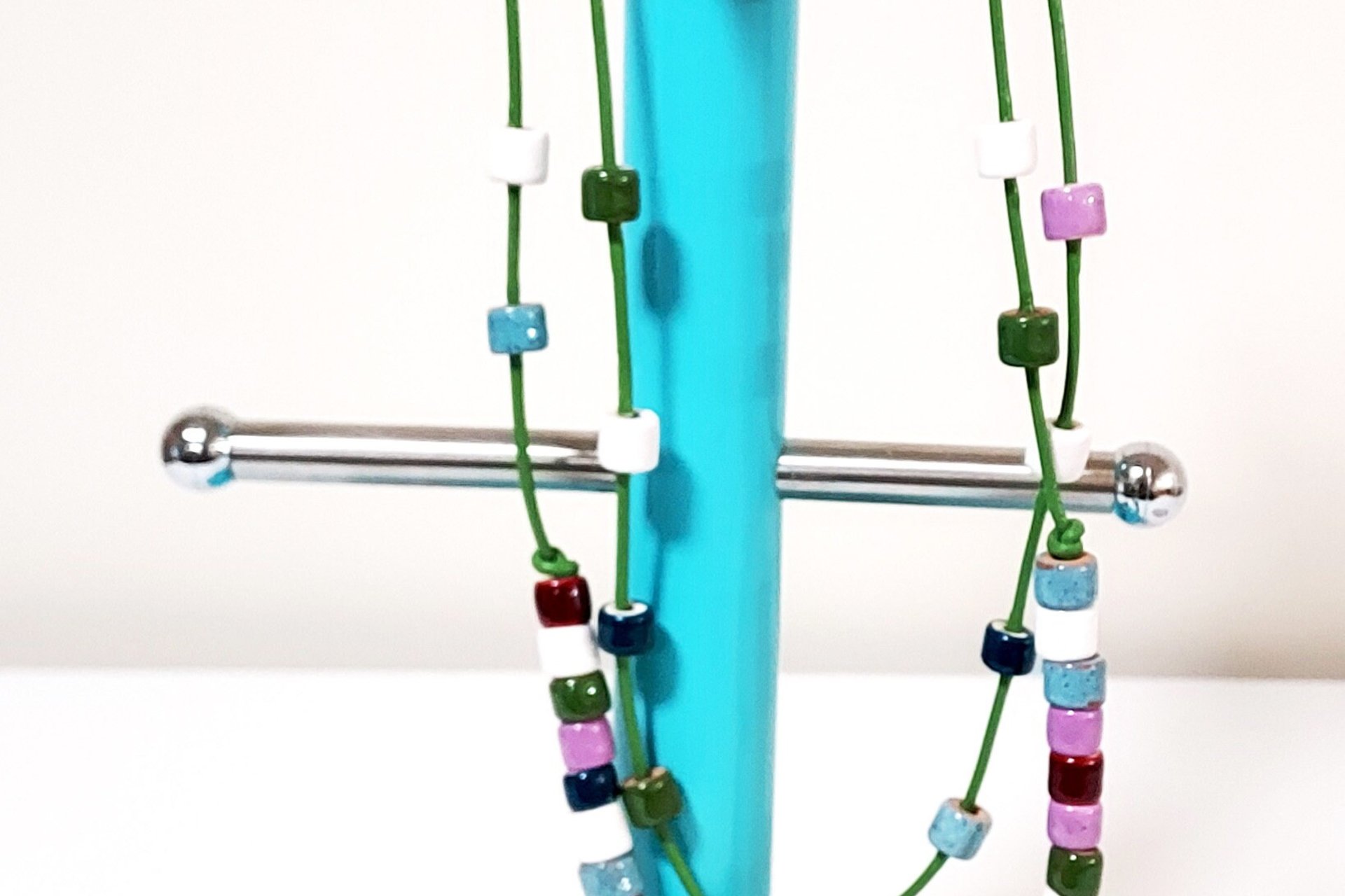 Artisan Ceramic Bead Necklace: Two-Strand Garden Theme, Green Leather Cord