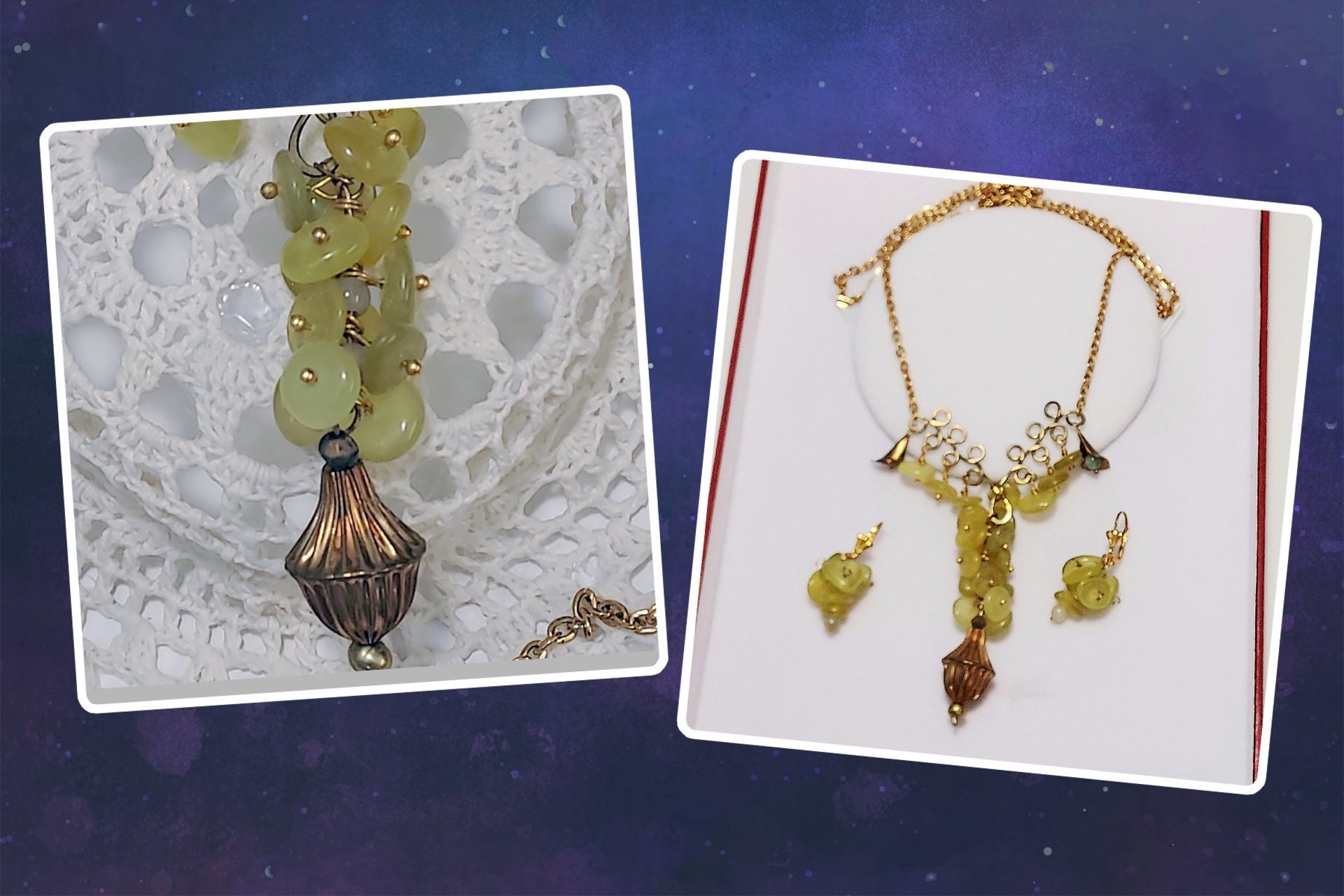 Green Jade Bead Necklace and Earrings Set, Brass Wire Wrapped Jewelry