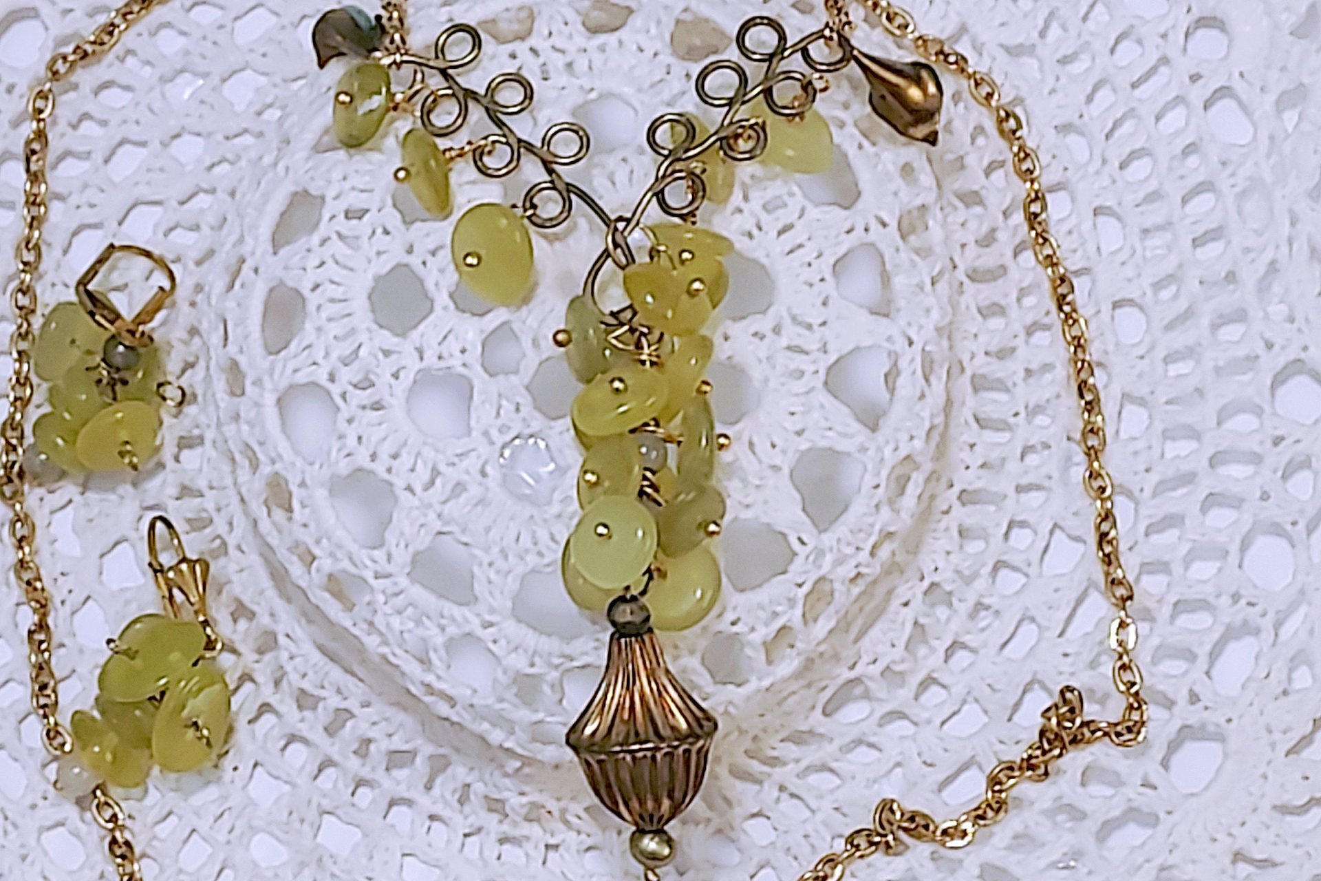Green Jade Bead Necklace and Earrings Set, Brass Wire Wrapped Jewelry
