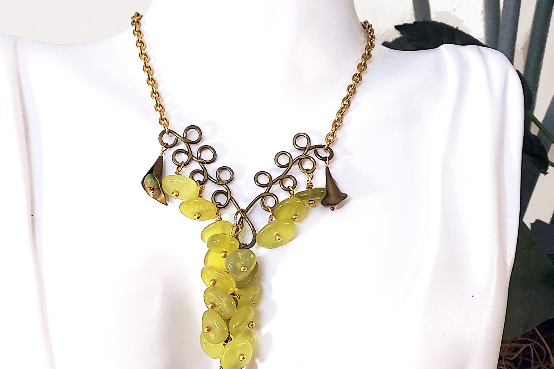 Green Jade Bead Necklace and Earrings Set, Brass Wire Wrapped Jewelry