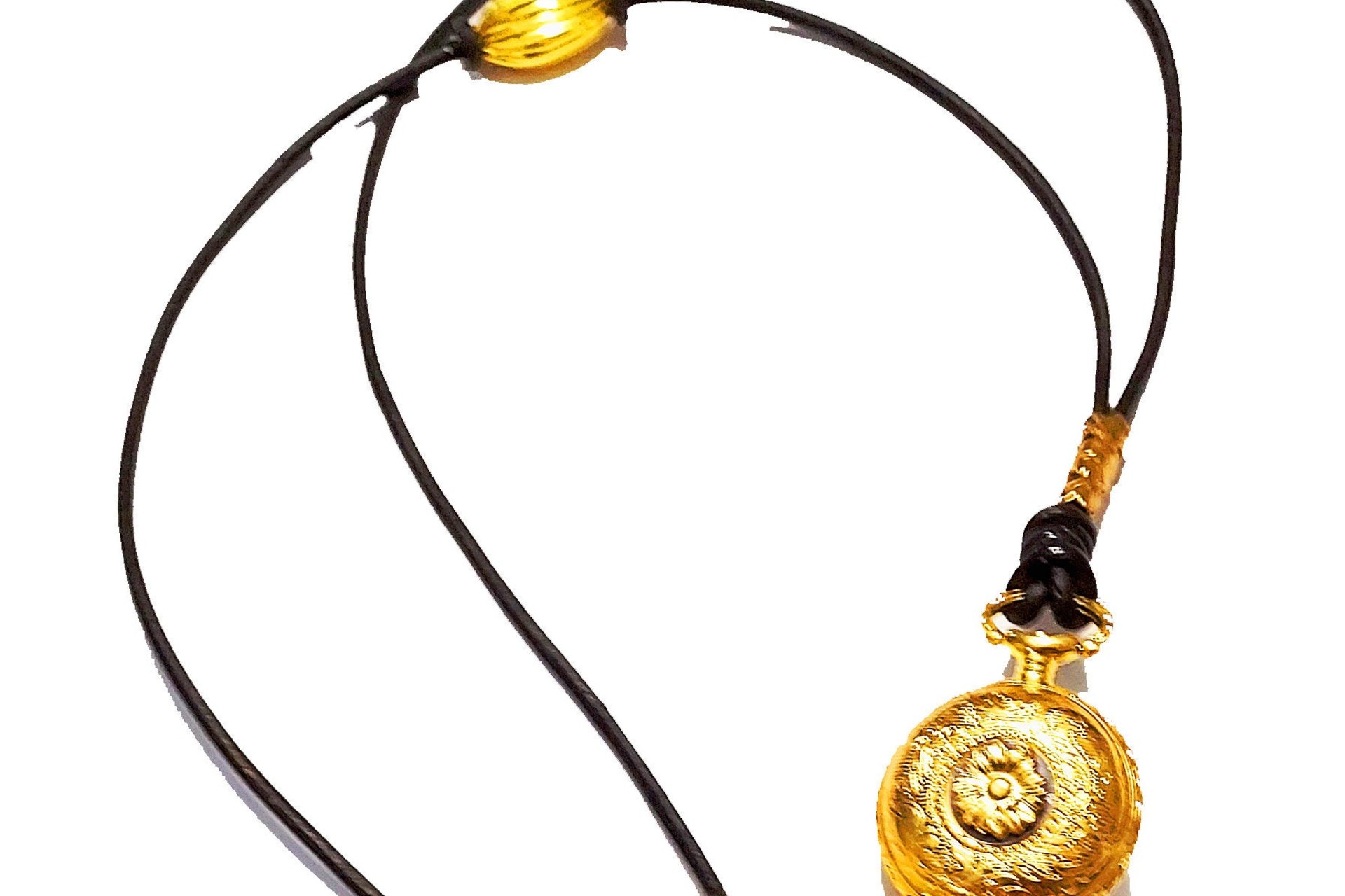 Repurposed Pocket Watch Case Leather Boho Necklace: Amethyst Pendant