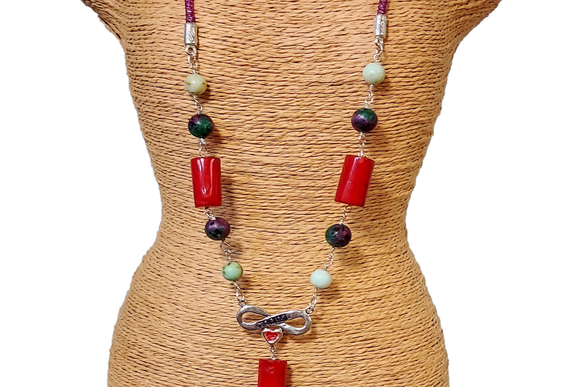 Handmade Coral & Turquoise Beaded Mom Necklace, Sterling Silver Pendant