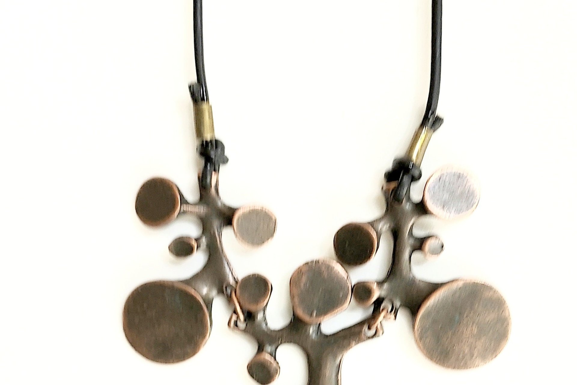 Handmade Copper Pendant Necklace, Black Leather Cord, Boho Eclectic Jewelry