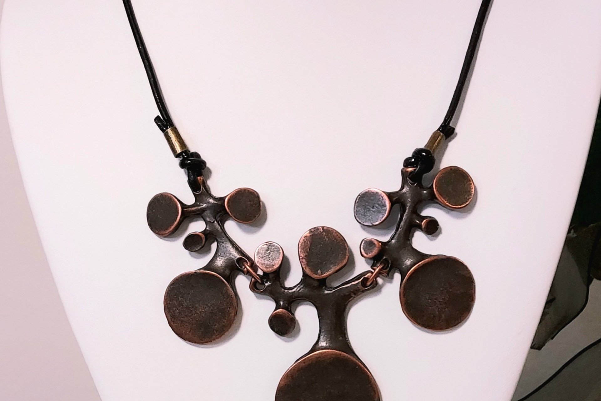 Handmade Copper Pendant Necklace, Black Leather Cord, Boho Eclectic Jewelry