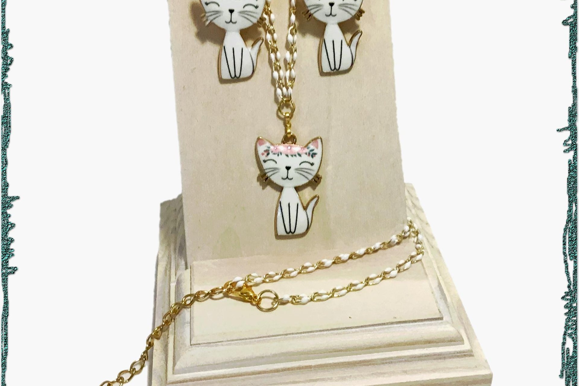 White Enamel Kitty Cat Jewelry Set: Adjustable Chain & Lever Back Earrings