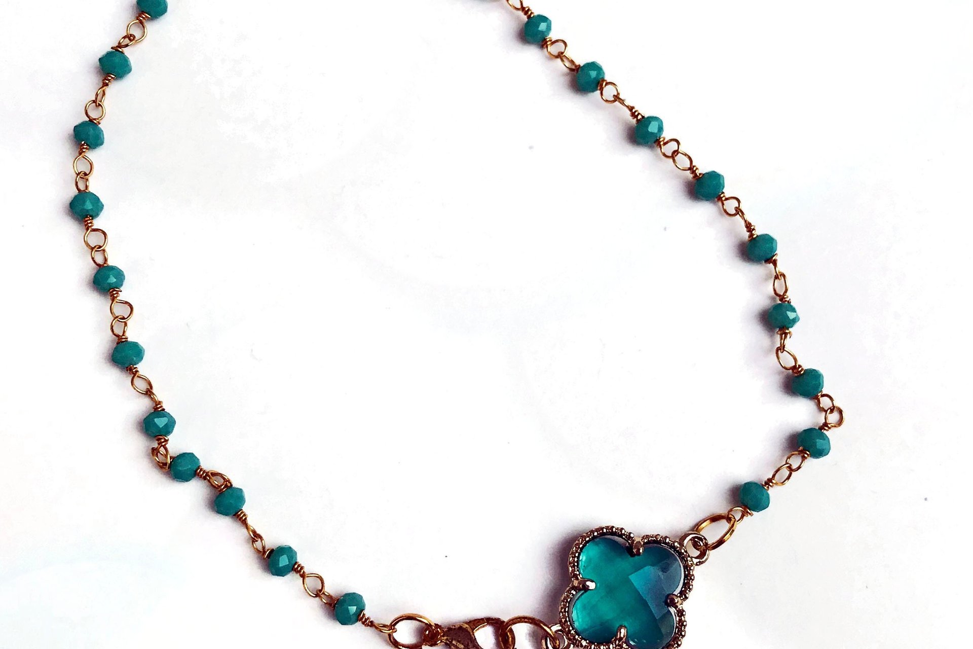 Mother's Day Gift Green Crystal Clover Anklet: Beaded Brass Wire Wrapped Foot Jewelry