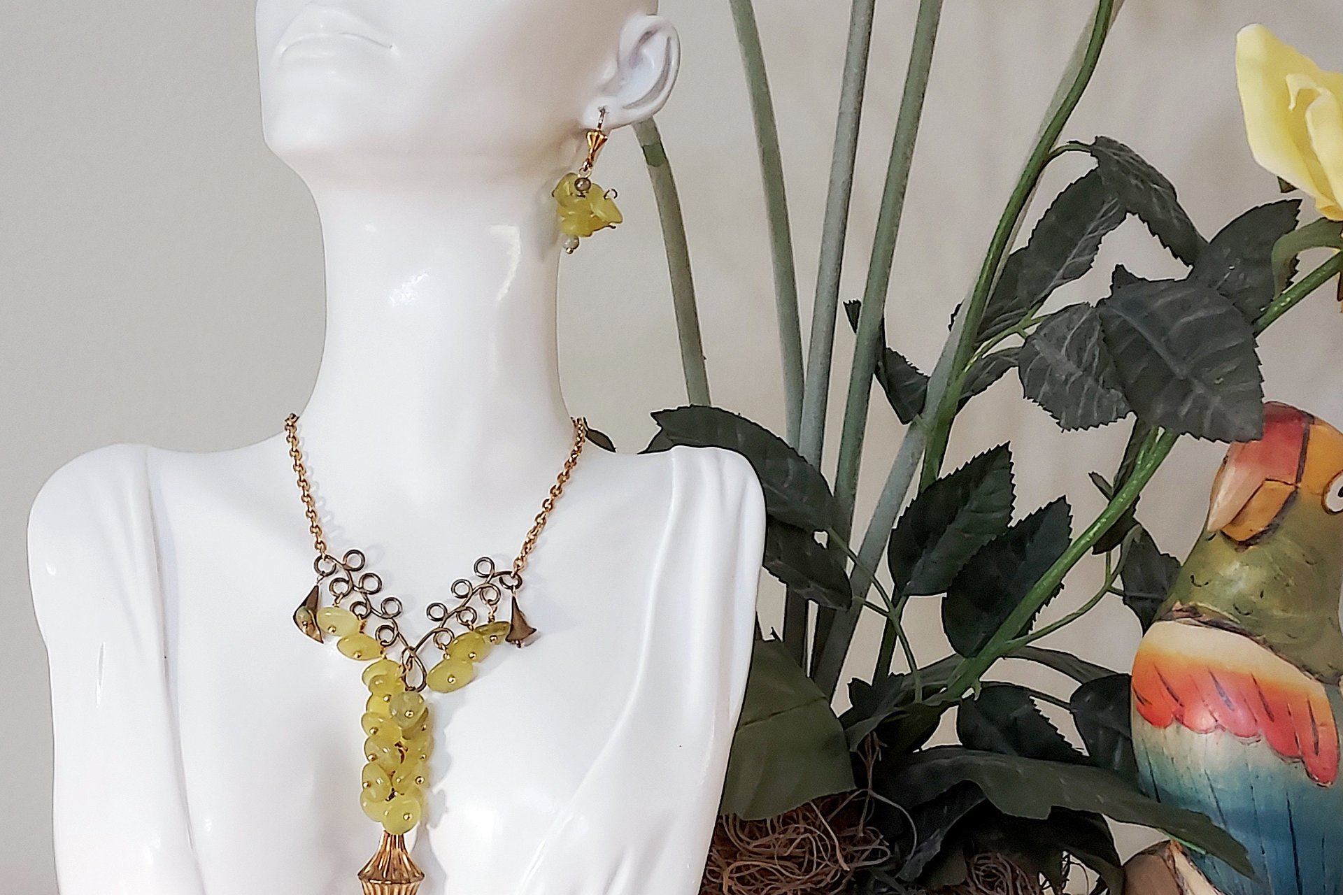 Green Jade Bead Necklace and Earrings Set, Brass Wire Wrapped Jewelry