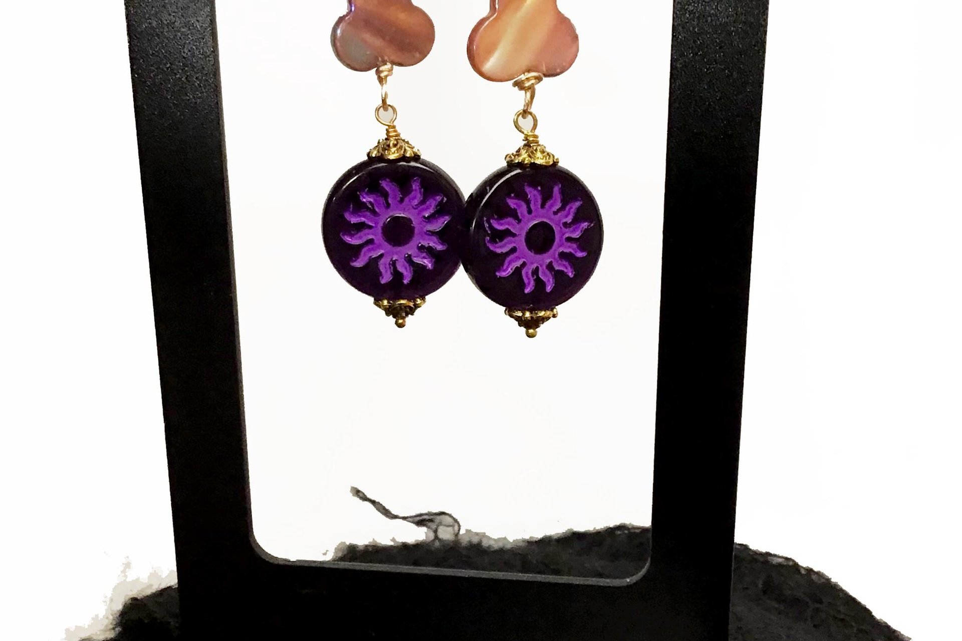 Purple Czech Flower Earrings with Mother of Pearl, Brass Accents – Lightweight Post Jewelry