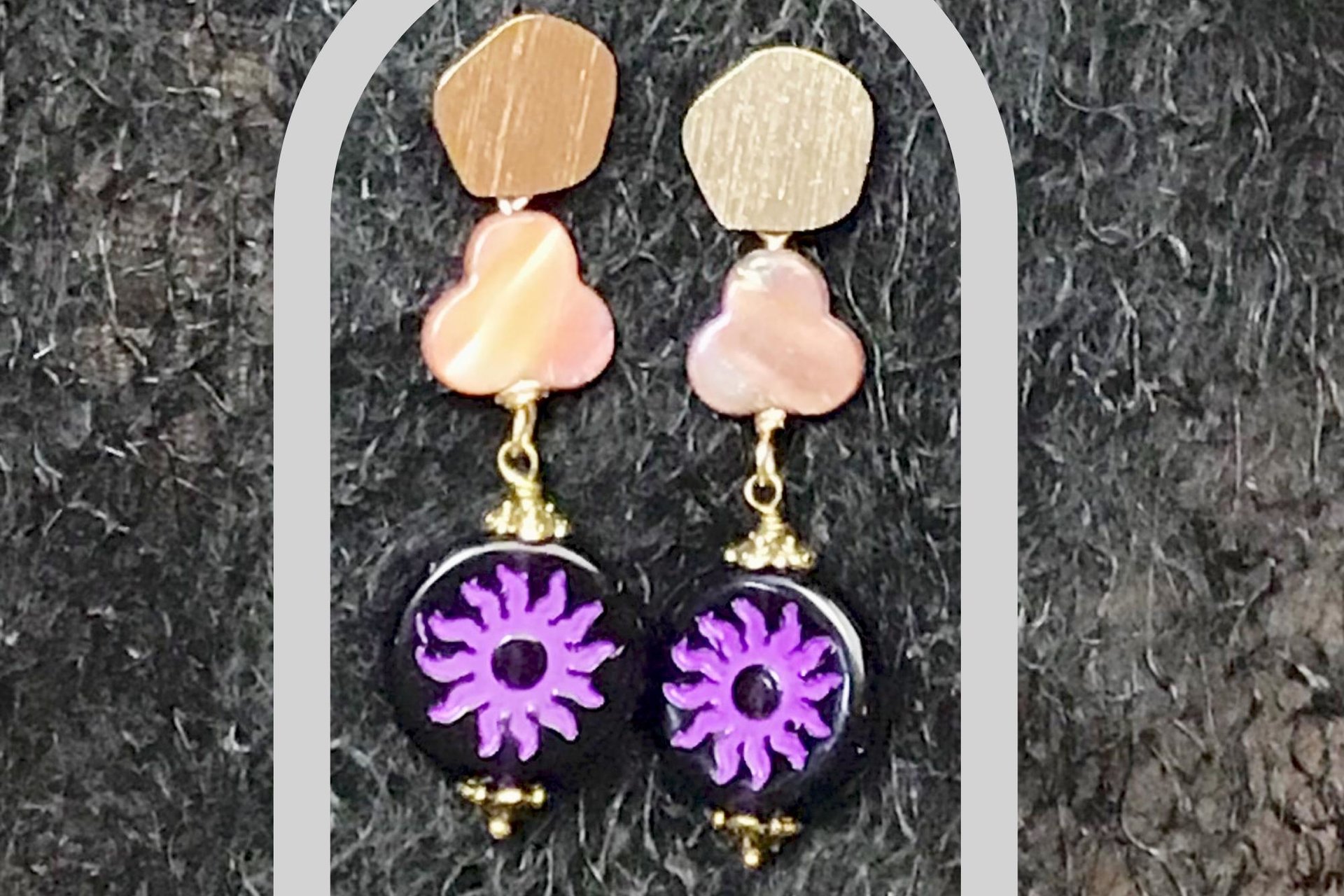 Purple Czech Flower Earrings with Mother of Pearl, Brass Accents – Lightweight Post Jewelry
