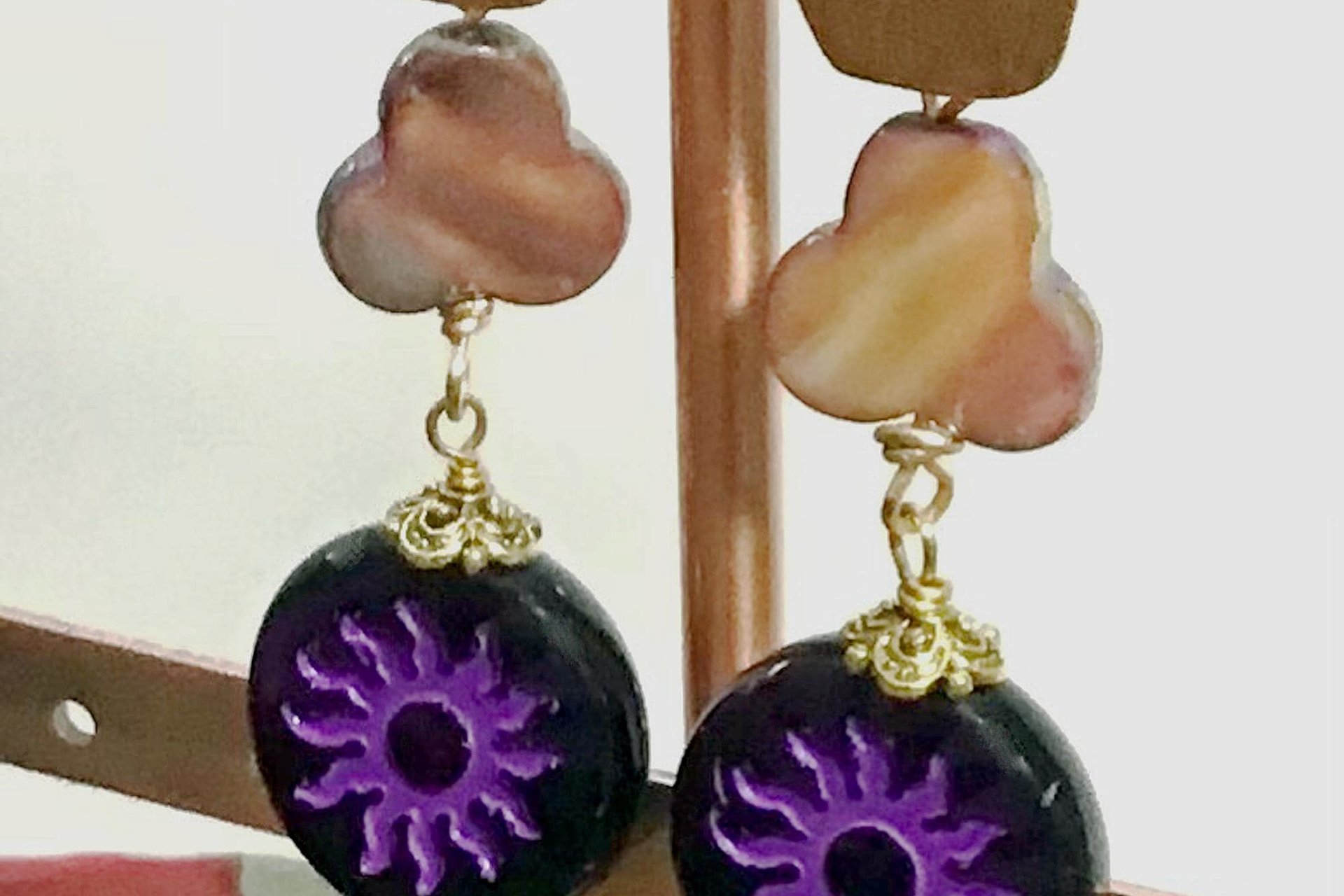Purple Czech Flower Earrings with Mother of Pearl, Brass Accents – Lightweight Post Jewelry
