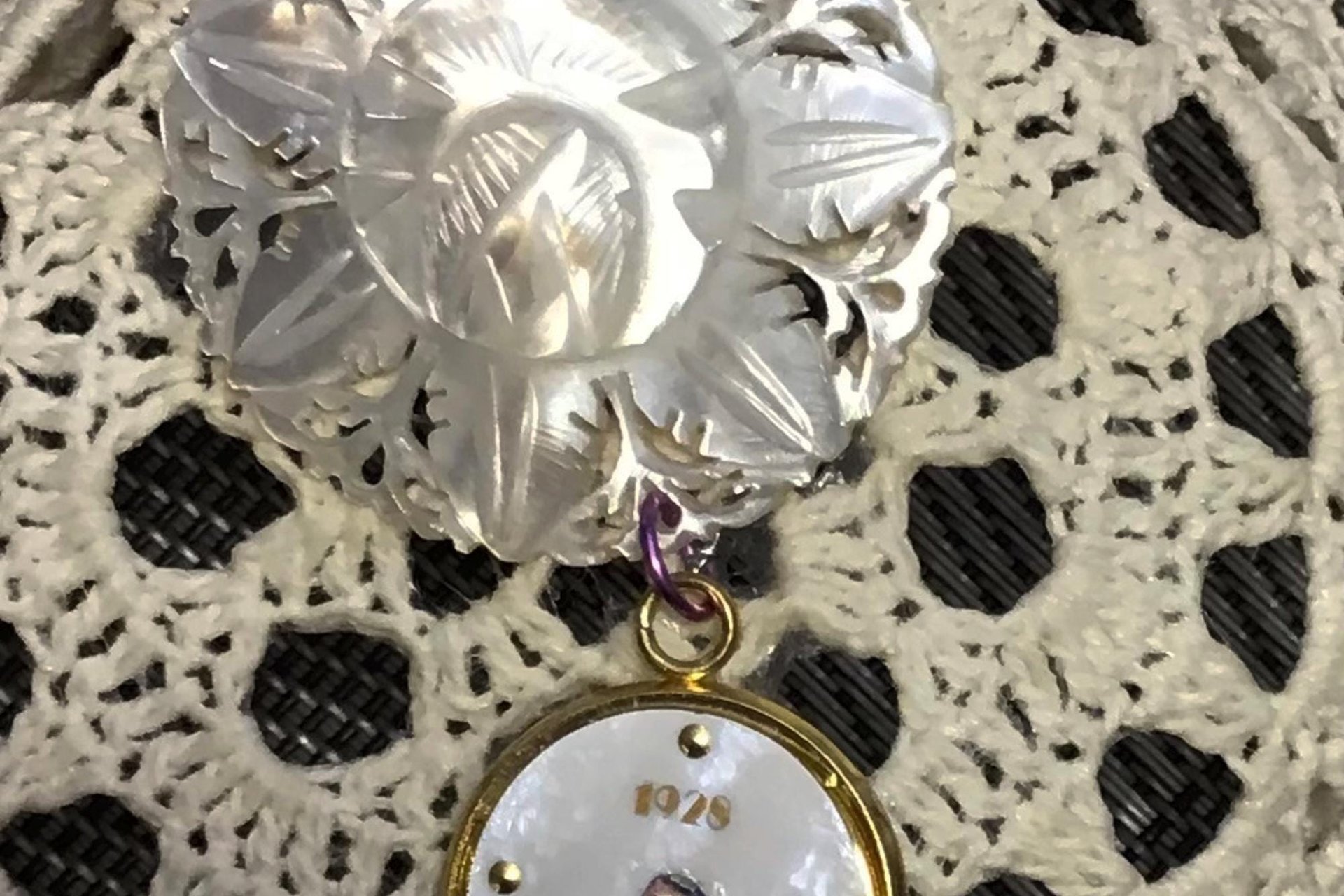 Vintage Mother of Pearl Watch Face Lotus Flower Brooch Pin, Brass Carved Flower, 1928