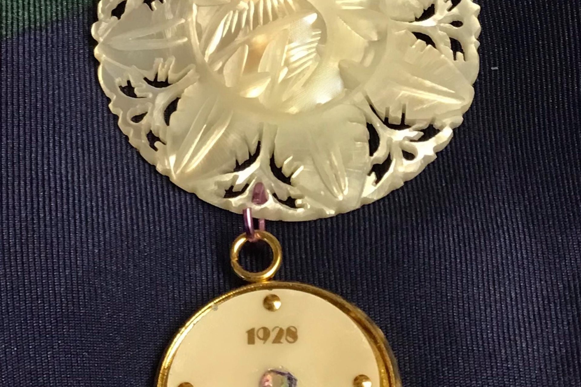Vintage Mother of Pearl Watch Face Lotus Flower Brooch Pin, Brass Carved Flower, 1928