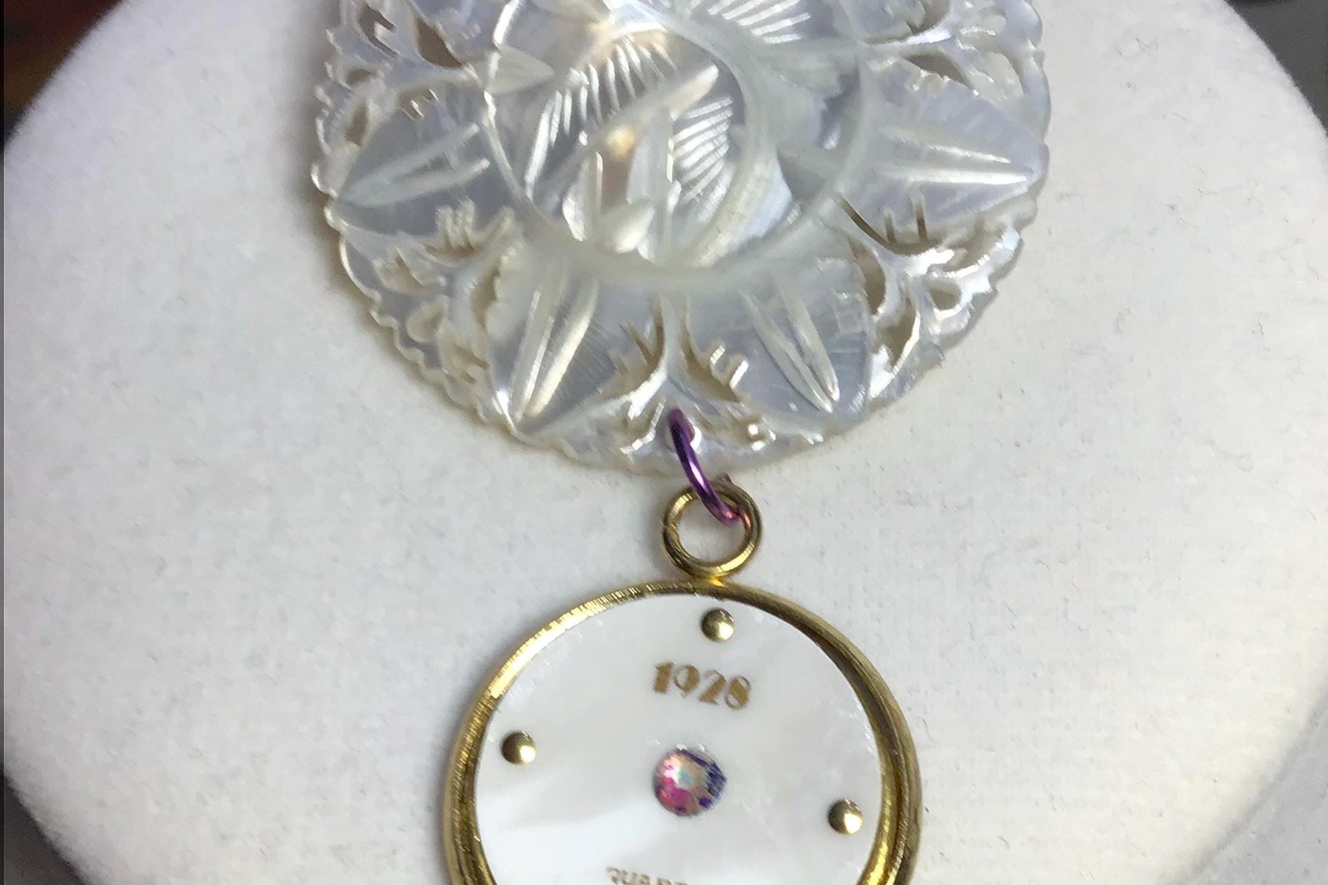 Vintage Mother of Pearl Watch Face Lotus Flower Brooch Pin, Brass Carved Flower, 1928