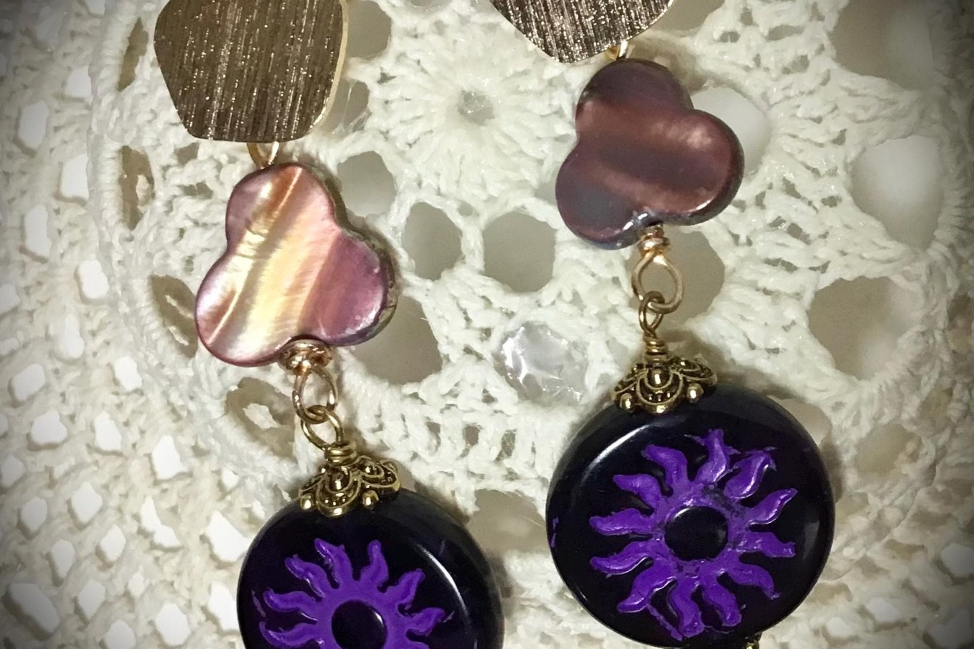 Purple Czech Flower Earrings with Mother of Pearl, Brass Accents – Lightweight Post Jewelry