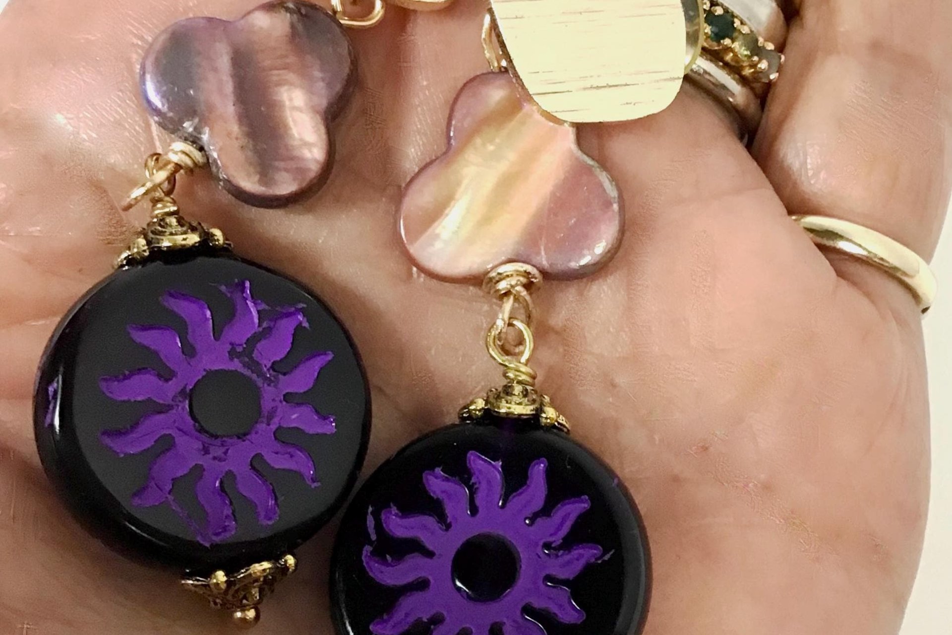 Purple Czech Flower Earrings with Mother of Pearl, Brass Accents – Lightweight Post Jewelry