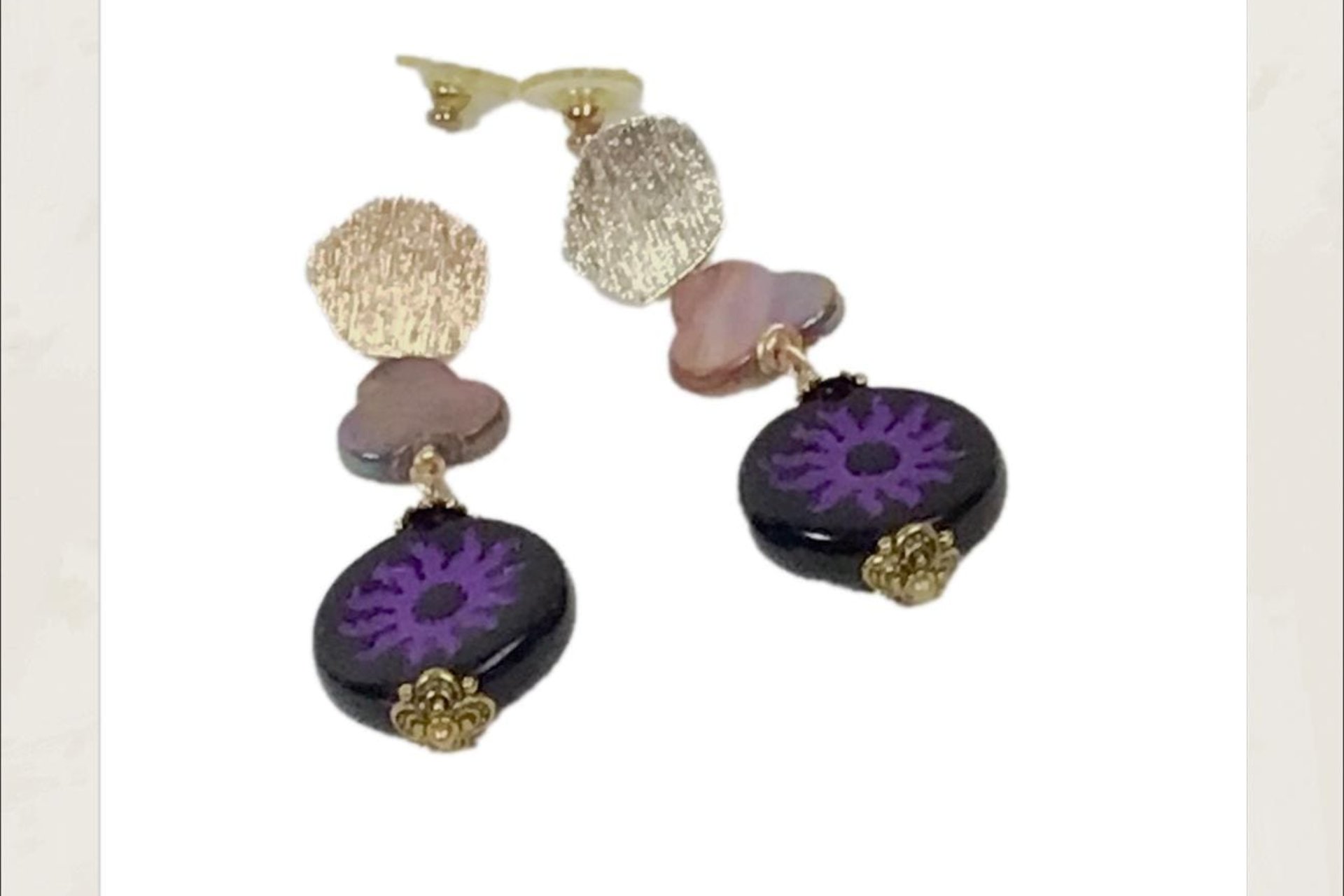 Purple Czech Flower Earrings with Mother of Pearl, Brass Accents – Lightweight Post Jewelry