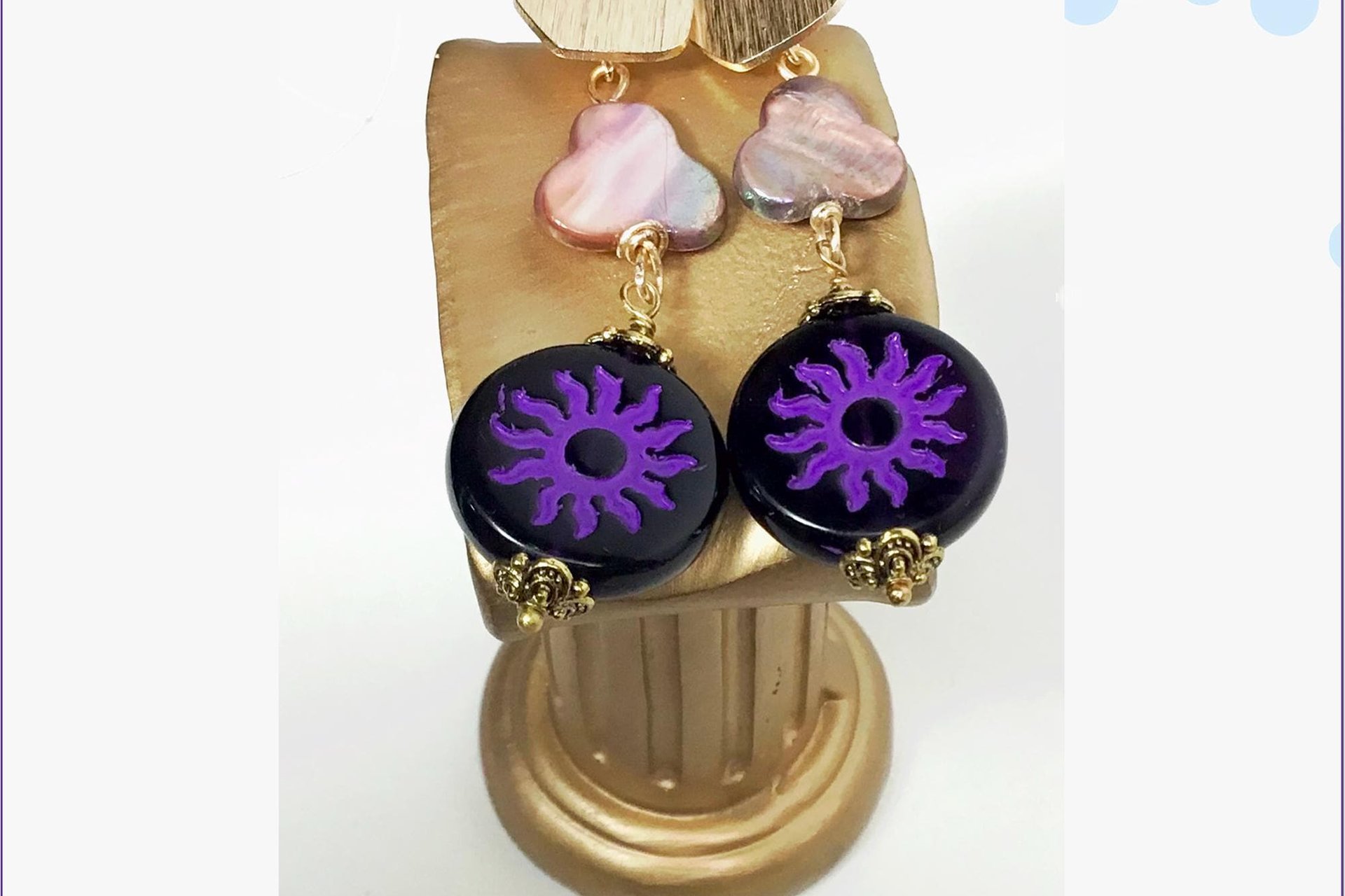 Purple Czech Flower Earrings with Mother of Pearl, Brass Accents – Lightweight Post Jewelry