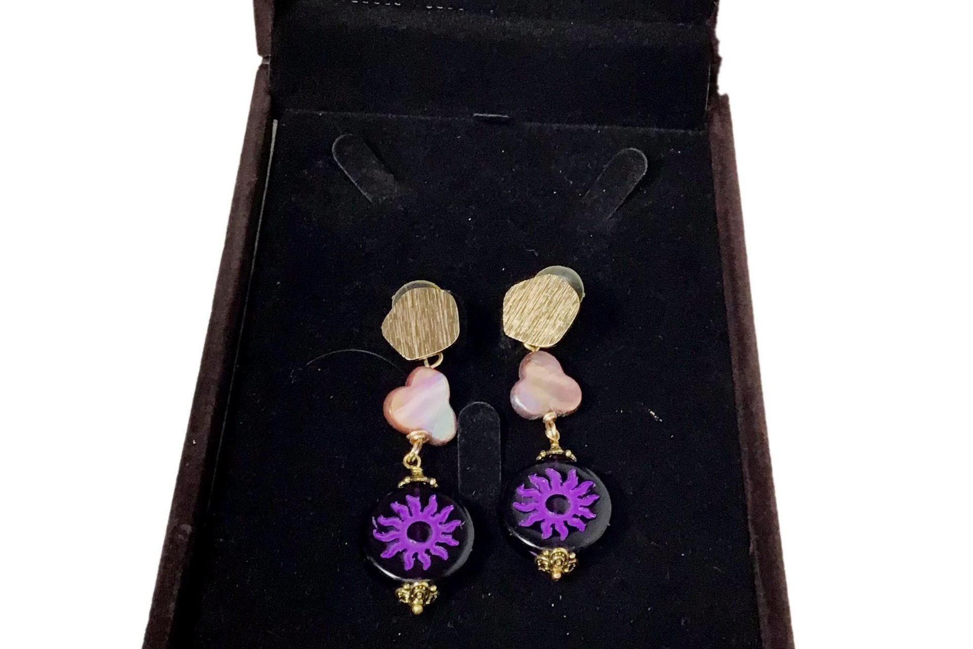 Purple Czech Flower Earrings with Mother of Pearl, Brass Accents – Lightweight Post Jewelry