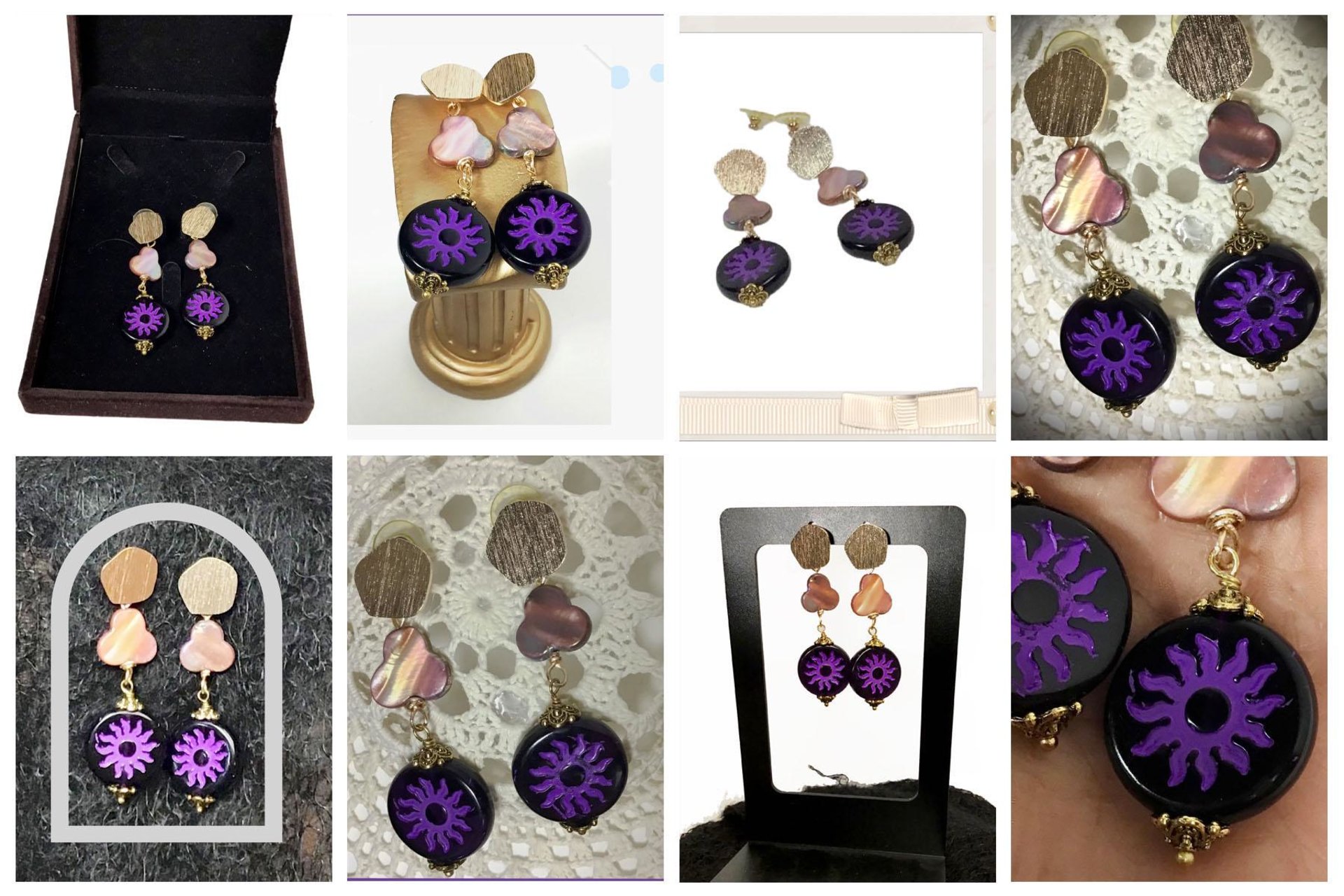 Purple Czech Flower Earrings with Mother of Pearl, Brass Accents – Lightweight Post Jewelry