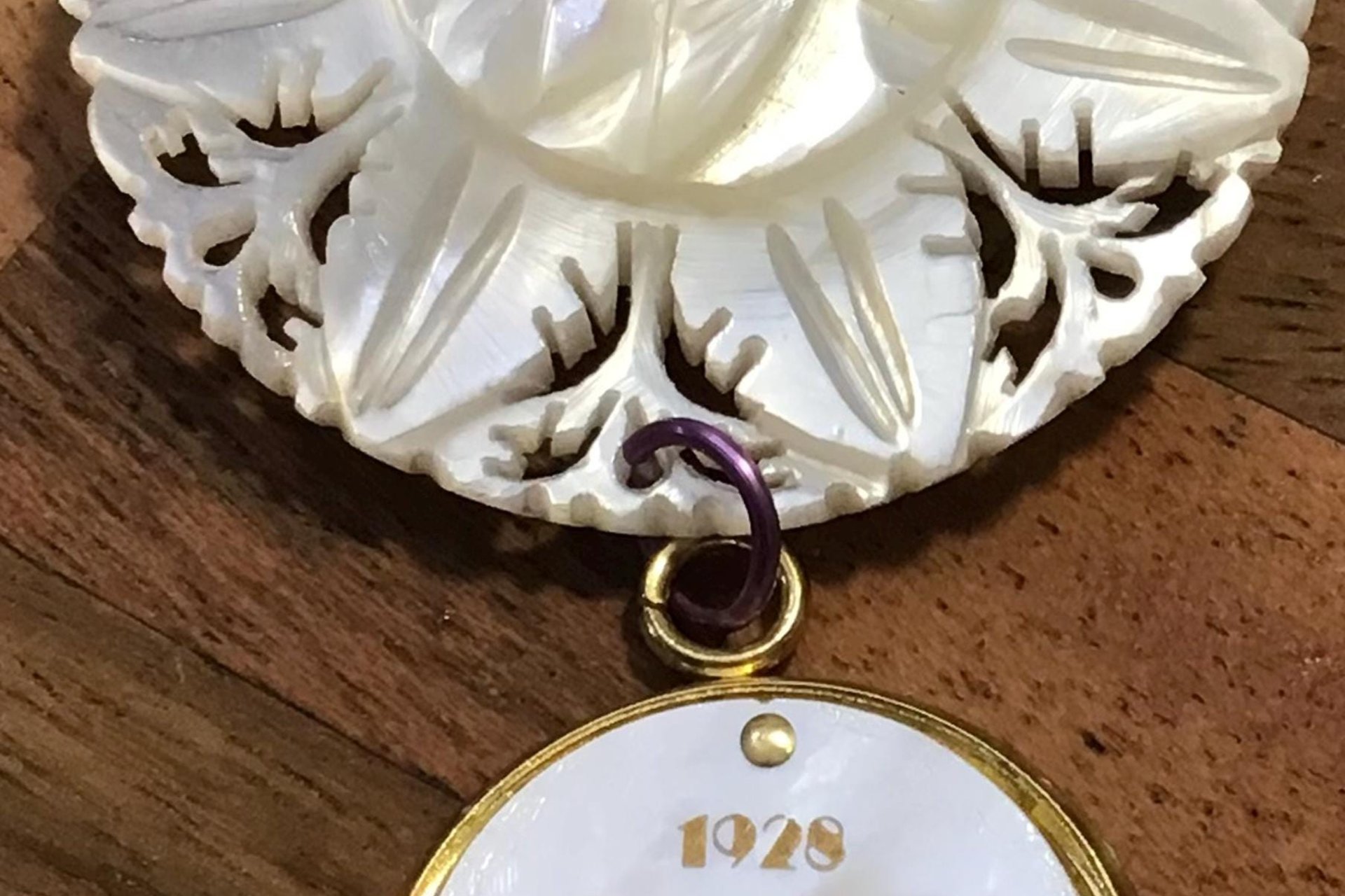 Vintage Mother of Pearl Watch Face Lotus Flower Brooch Pin, Brass Carved Flower, 1928