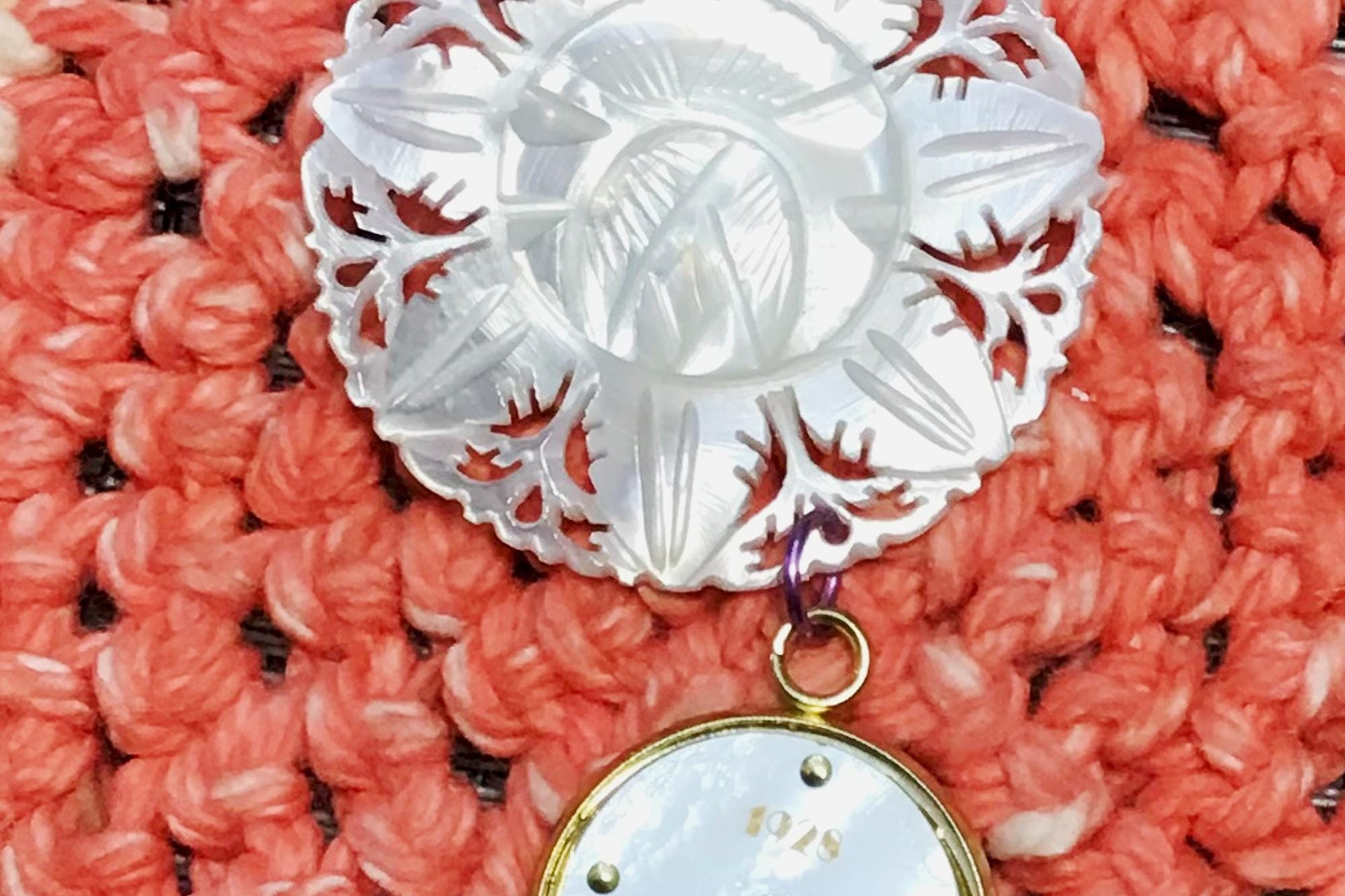 Vintage Mother of Pearl Watch Face Lotus Flower Brooch Pin, Brass Carved Flower, 1928