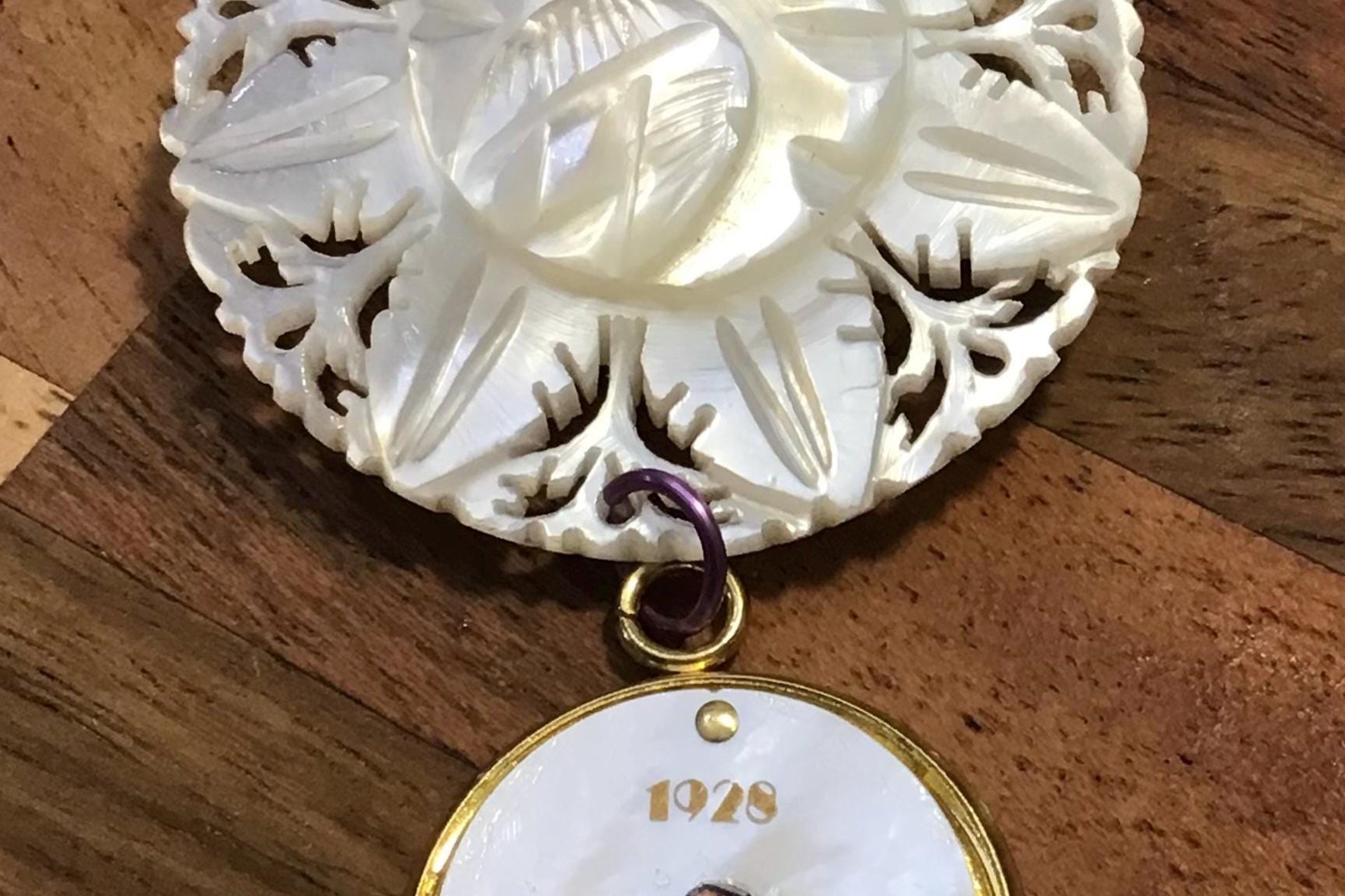 Vintage Mother of Pearl Watch Face Lotus Flower Brooch Pin, Brass Carved Flower, 1928