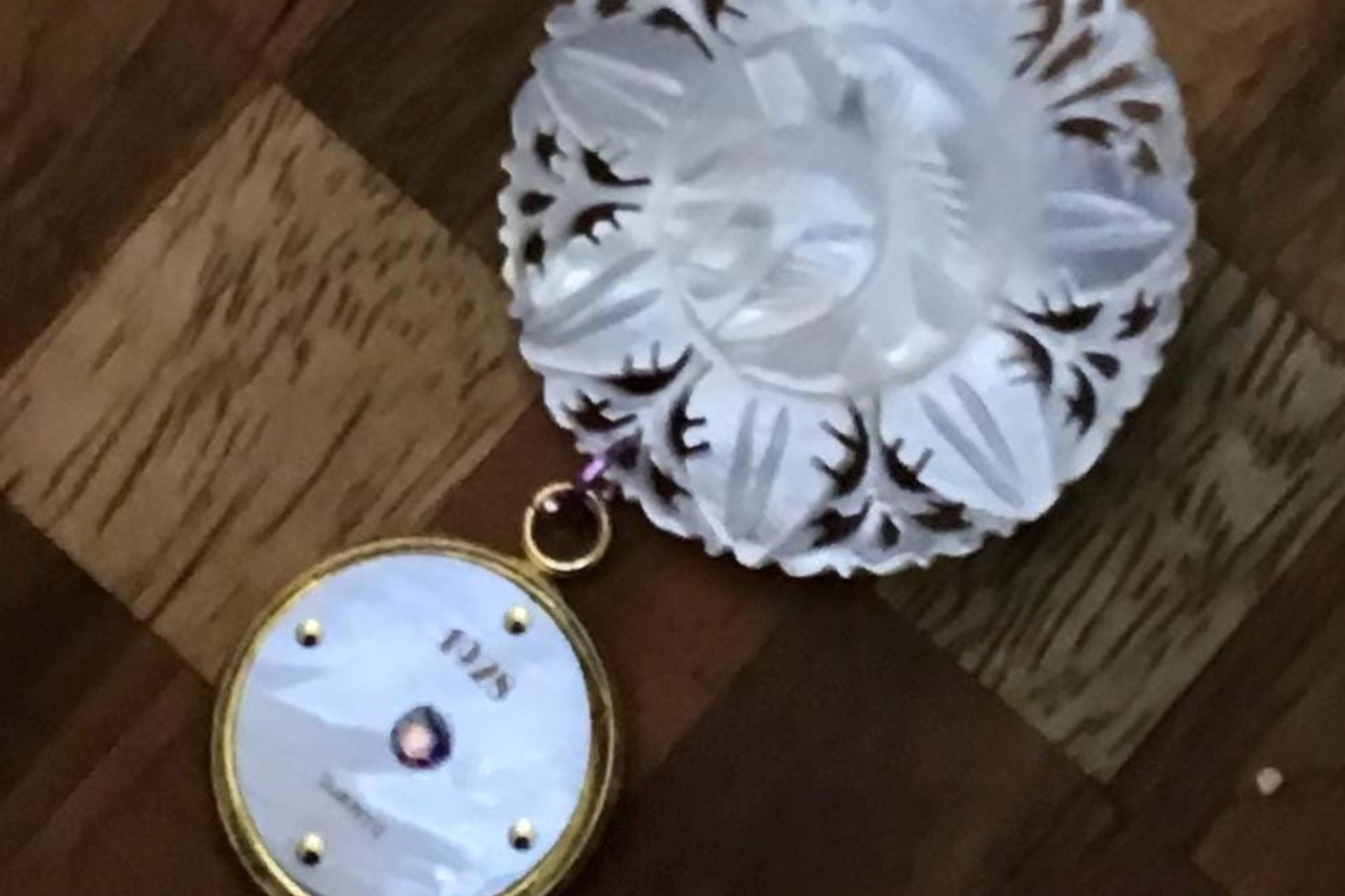 Vintage Mother of Pearl Watch Face Lotus Flower Brooch Pin, Brass Carved Flower, 1928