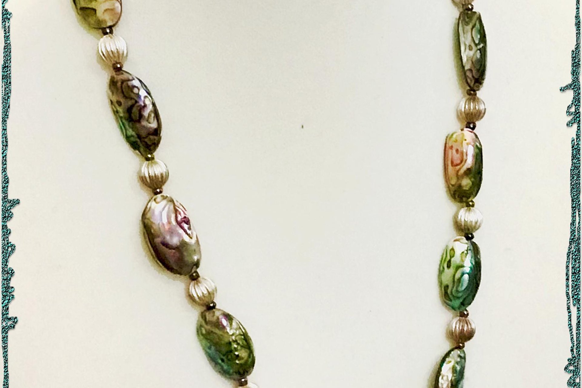 Statement Necklace,  Abalone Oval Shell & Round Pewter Beads,  Matching Painted Leaf Pendant, Toggle clasp