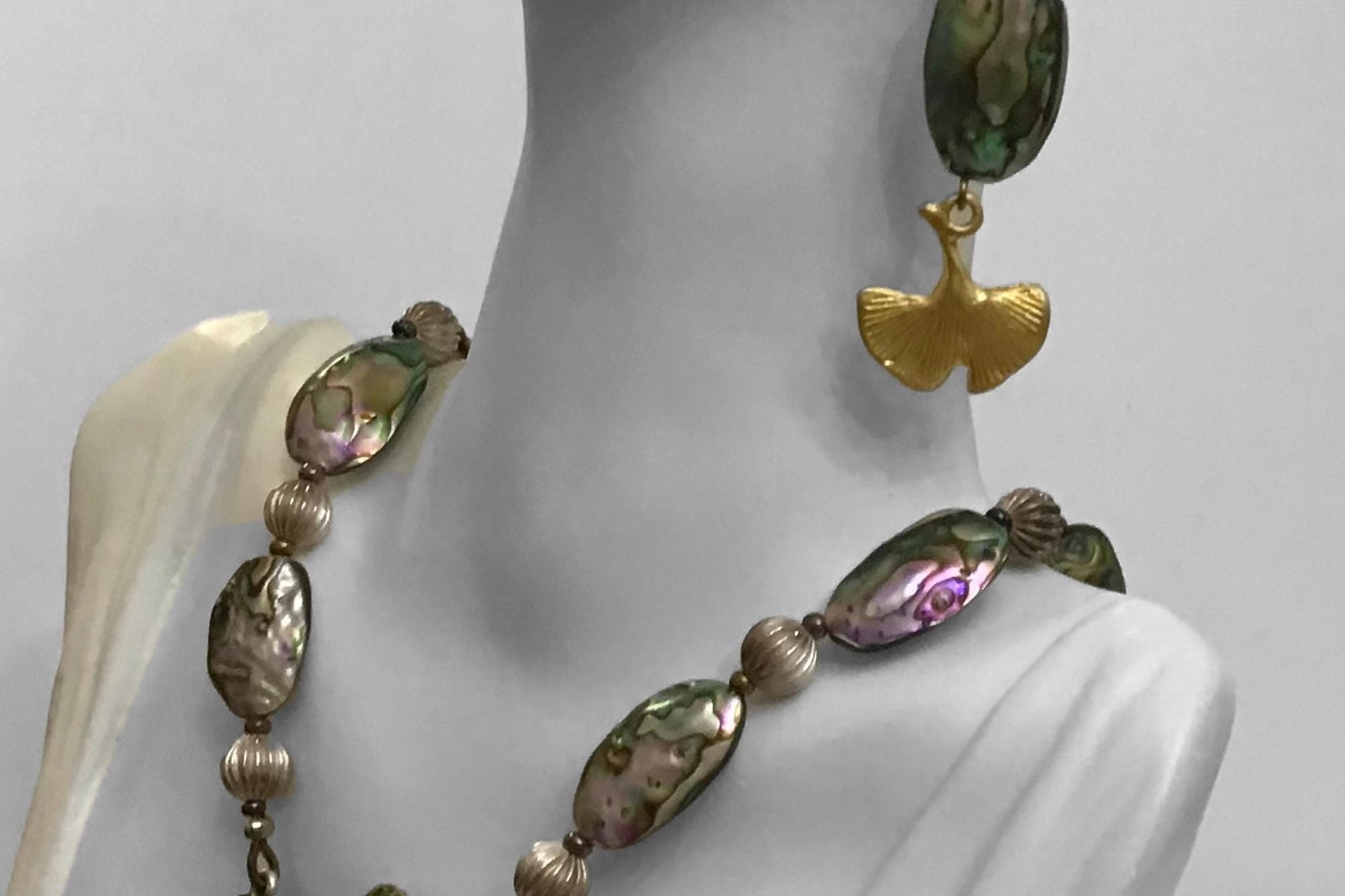 Statement Necklace,  Abalone Oval Shell & Round Pewter Beads,  Matching Painted Leaf Pendant, Toggle clasp