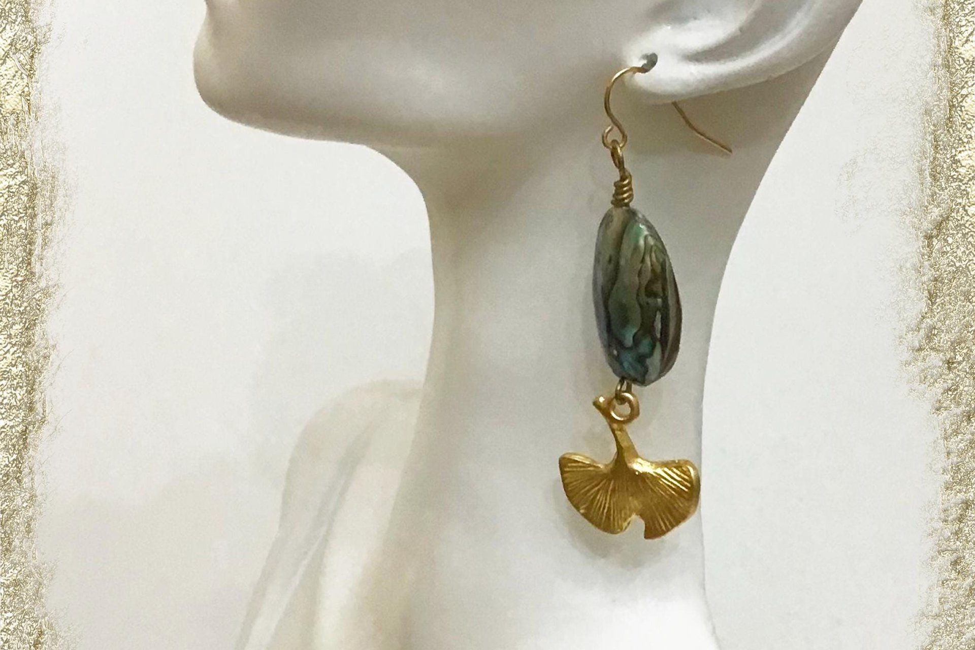 Statement Necklace,  Abalone Oval Shell & Round Pewter Beads,  Matching Painted Leaf Pendant, Toggle clasp
