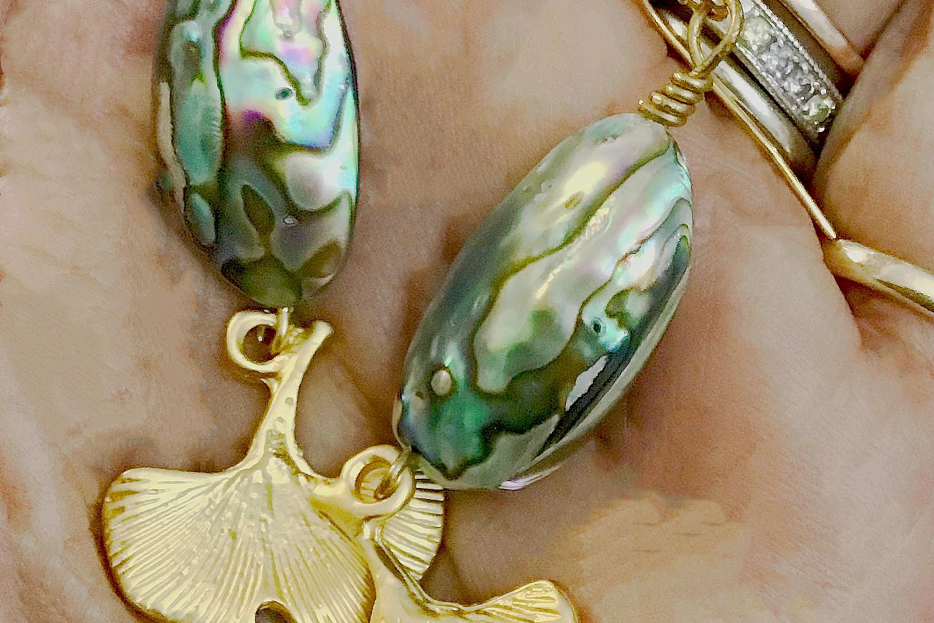 Statement Necklace,  Abalone Oval Shell & Round Pewter Beads,  Matching Painted Leaf Pendant, Toggle clasp