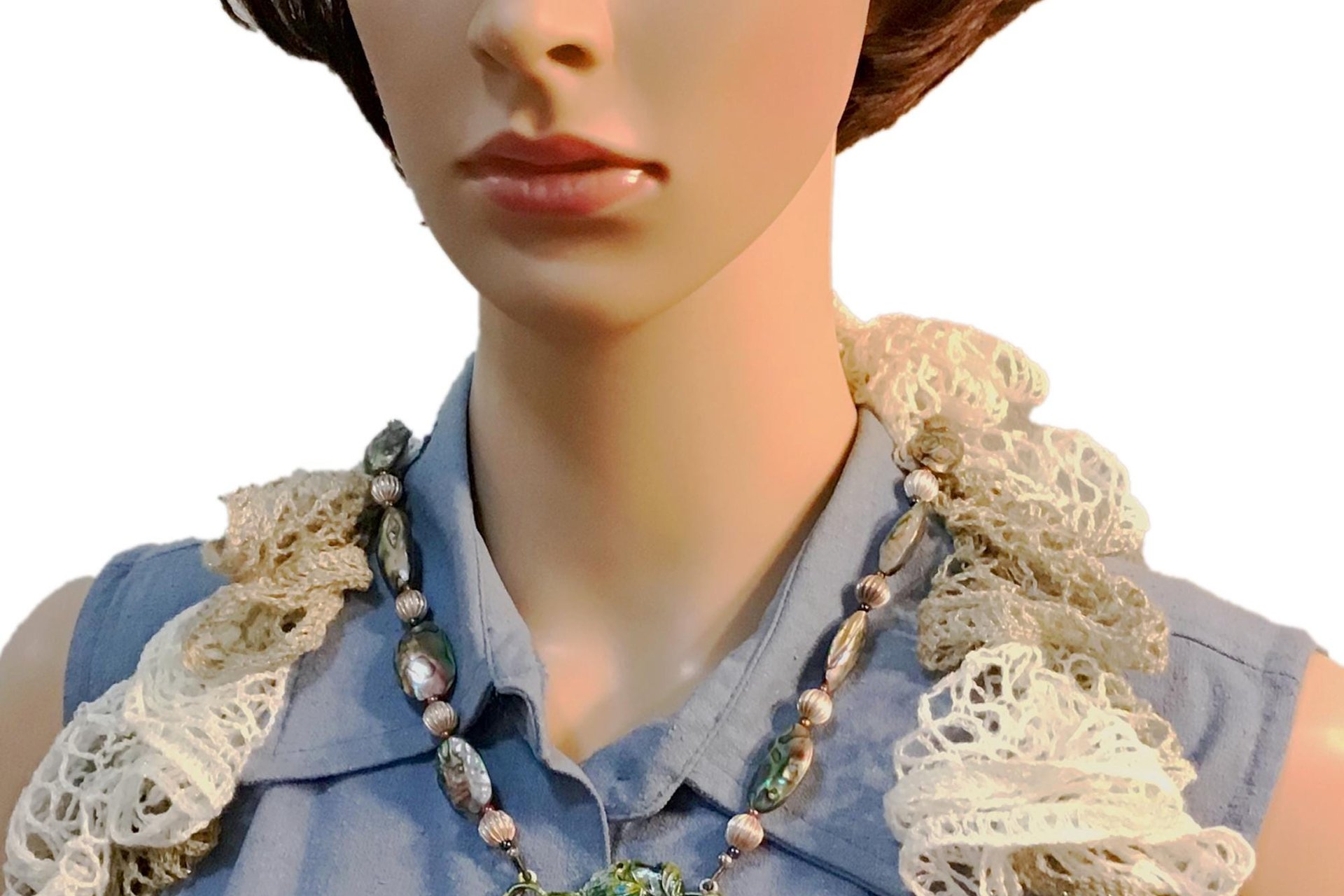 Statement Necklace,  Abalone Oval Shell & Round Pewter Beads,  Matching Painted Leaf Pendant, Toggle clasp