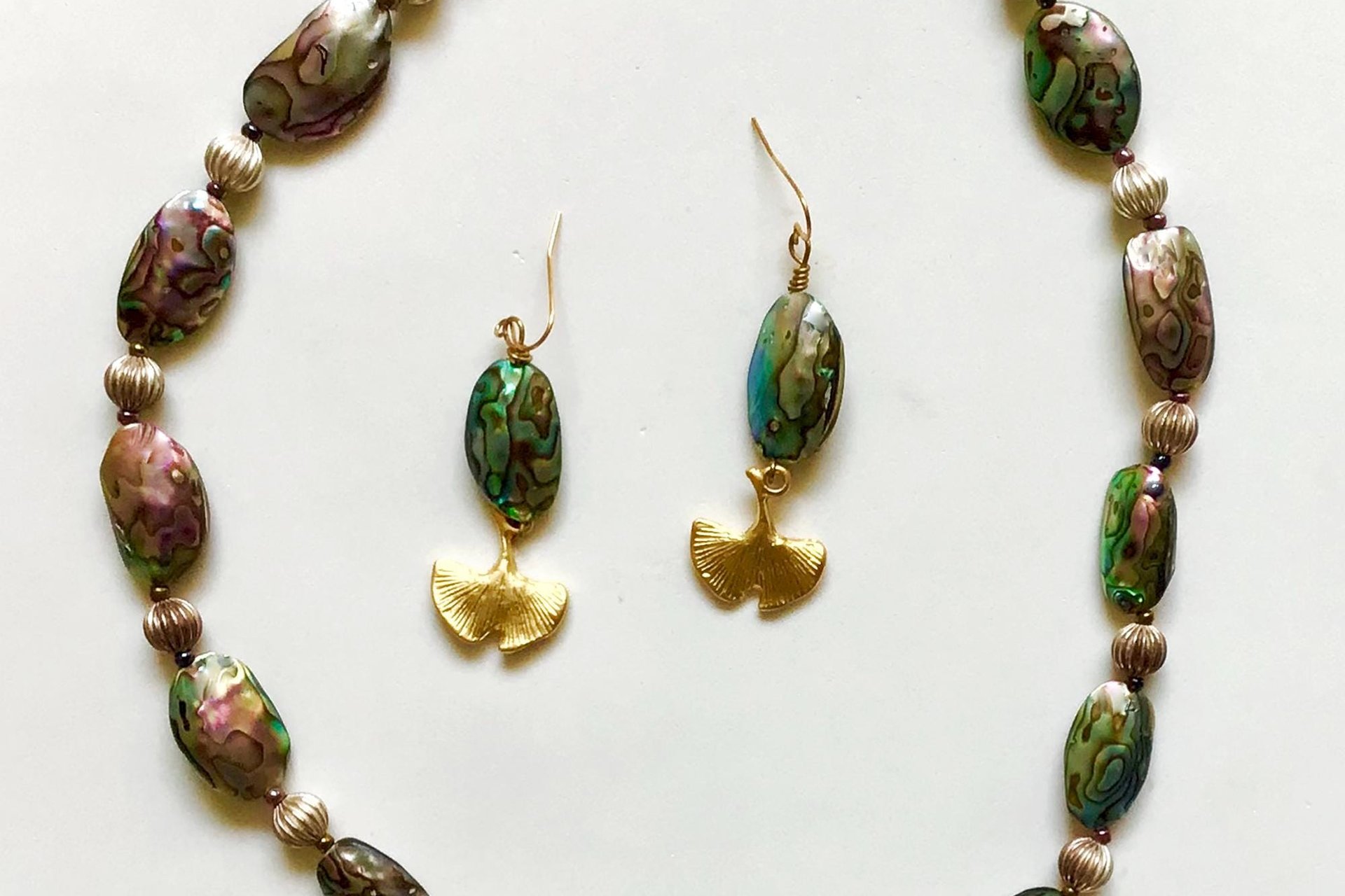 Statement Necklace,  Abalone Oval Shell & Round Pewter Beads,  Matching Painted Leaf Pendant, Toggle clasp