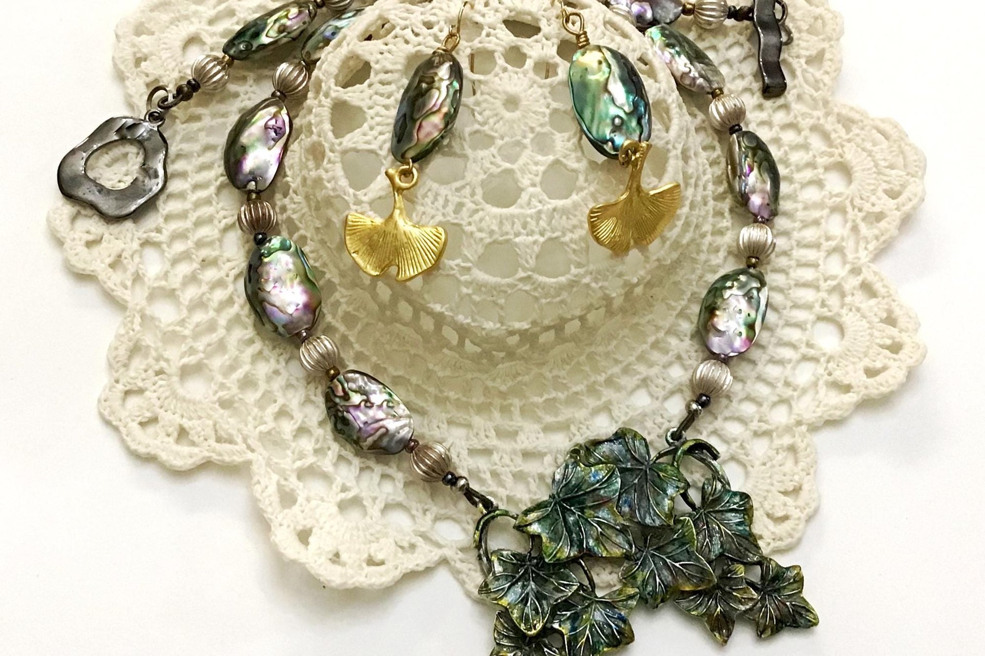 Statement Necklace,  Abalone Oval Shell & Round Pewter Beads,  Matching Painted Leaf Pendant, Toggle clasp