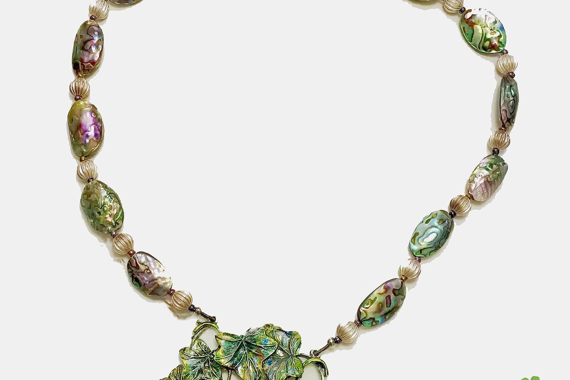 Statement Necklace,  Abalone Oval Shell & Round Pewter Beads,  Matching Painted Leaf Pendant, Toggle clasp