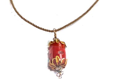 Red Coral Pendant Necklace, Barrel Bead, Rope Chain