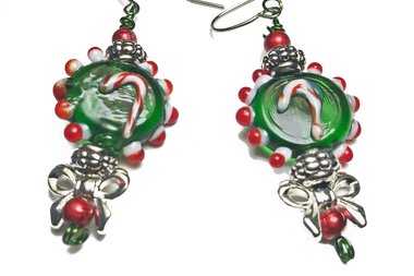 Handmade Glass Candy Cane Lightweight  Dangle Earrings, Red and Green Holiday Present