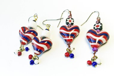 Red White Blue Lampwork Heart Earrings choice, Patriotic USA Jewelry