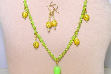 Apple colored  - Boho Jewelry Set, Green Leather Choker, Brass Chain Dangle Earrings