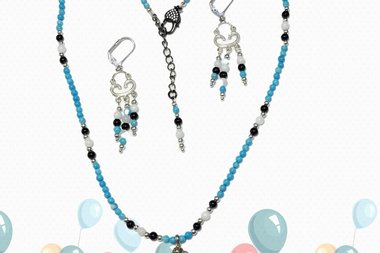 Turquoise & Onyx Beaded Necklace: Sterling Silver Pendant Earrings Set