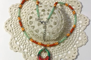 Hand Painted Ceramic Pendant Necklace: Orange & Green Vintage Glass Beads